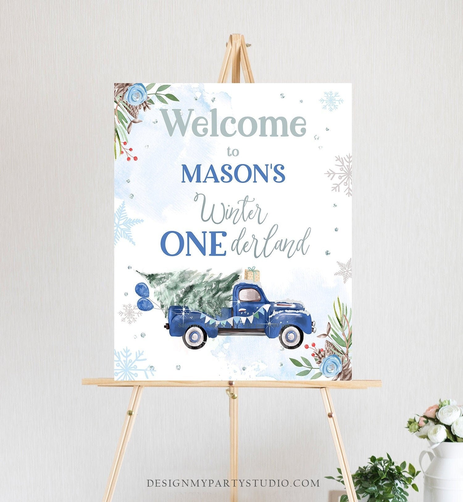 Editable Winter Onederland Welcome Sign Tree Blue Boy Silver First Birthday Snowflake Wonderland Truck Tree Digital Template Printable 0356
