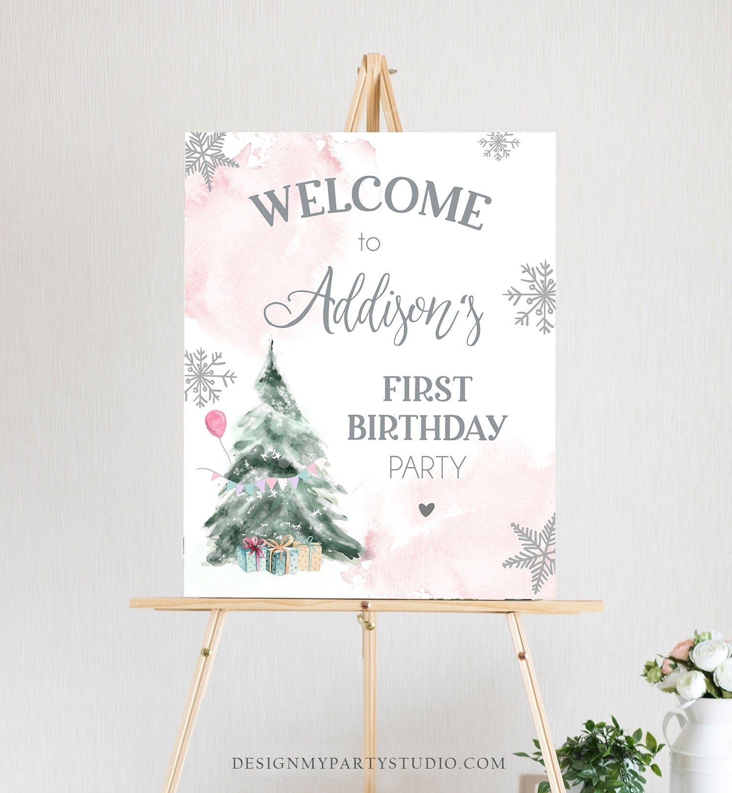 Editable Winter Onederland Welcome Sign Tree Watercolor First Birthday Girl Pink Snowflake Wonderland Digital Template Printable 0363