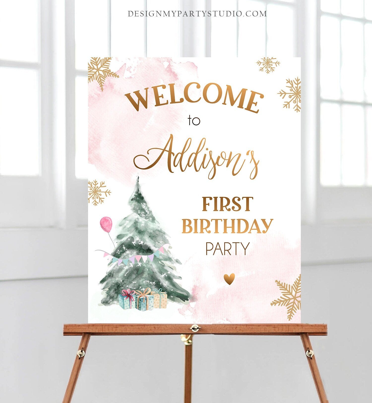 Editable Winter Onederland Welcome Sign Tree Watercolor First Birthday Girl Pink Snowflake Wonderland Digital Template Printable 0363