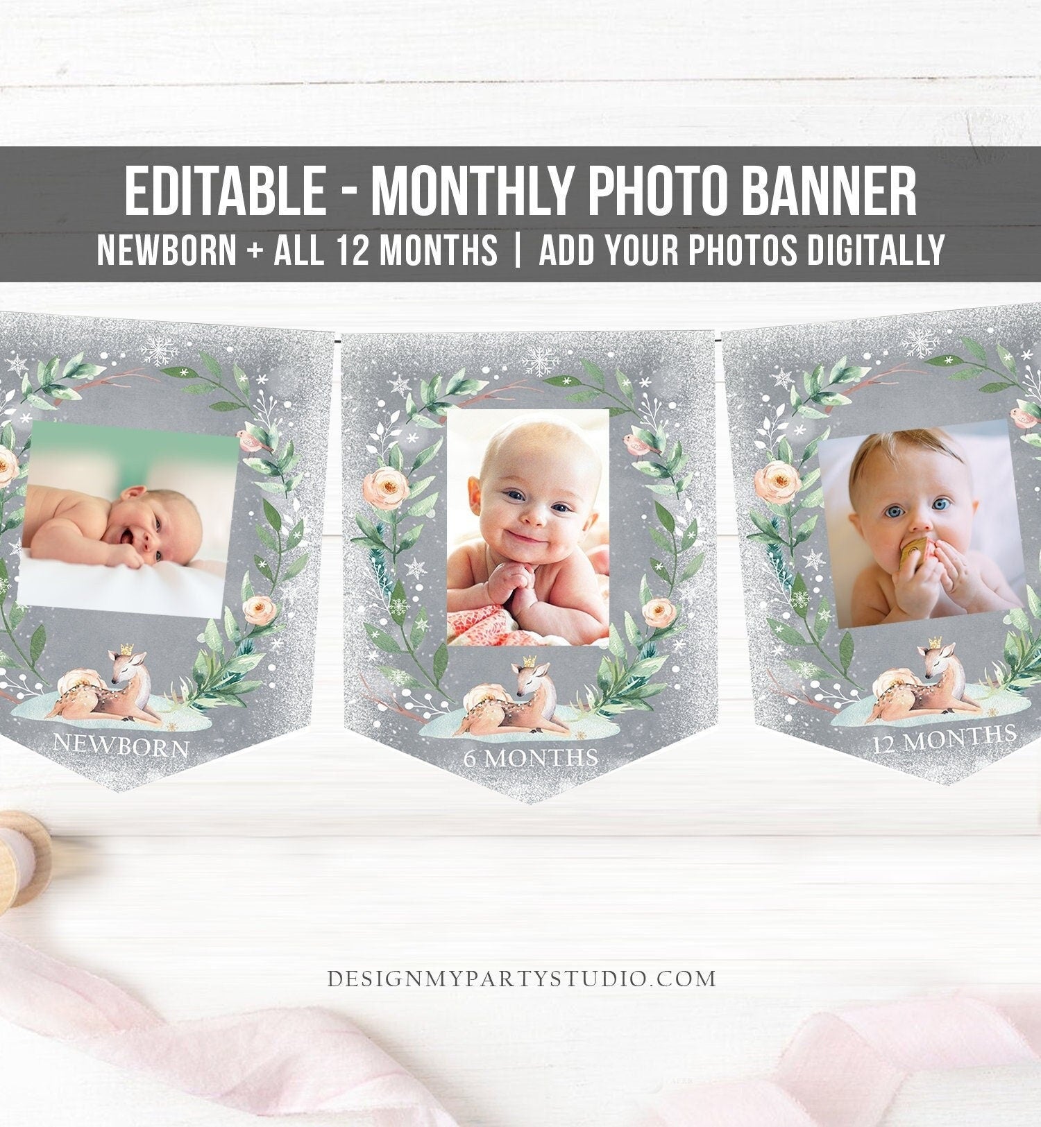 Editable Winter Onederland Deer First Birthday Banner Monthly Photo Banner Girl Pink Floral Winter 1st Snow Digital Template Printable 0265