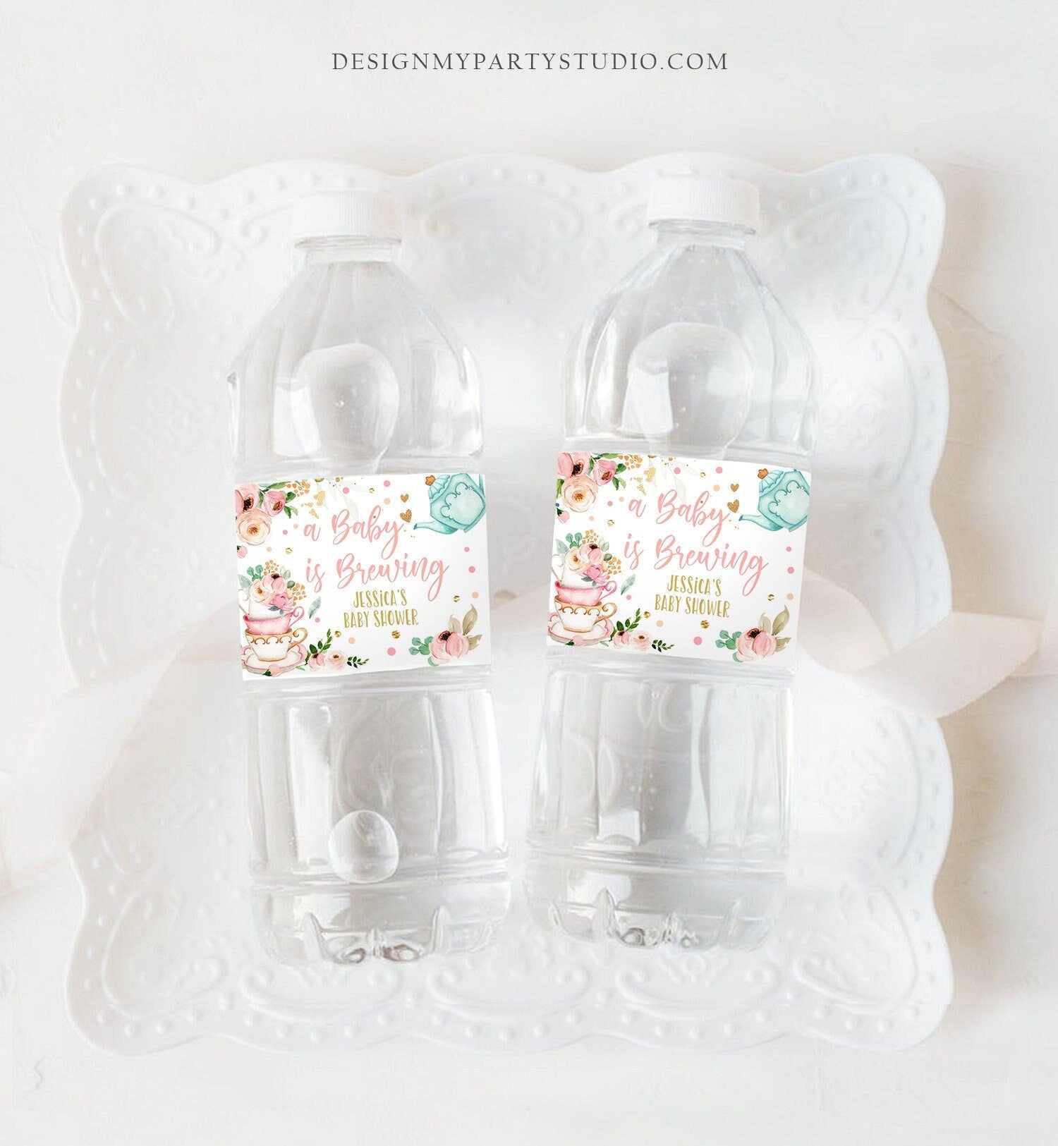 Editable Water Bottle Labels Tea Baby Shower Girl A Baby is Brewing Flowers Pink Gold Tea Shower Digital Download Template Printable 0349