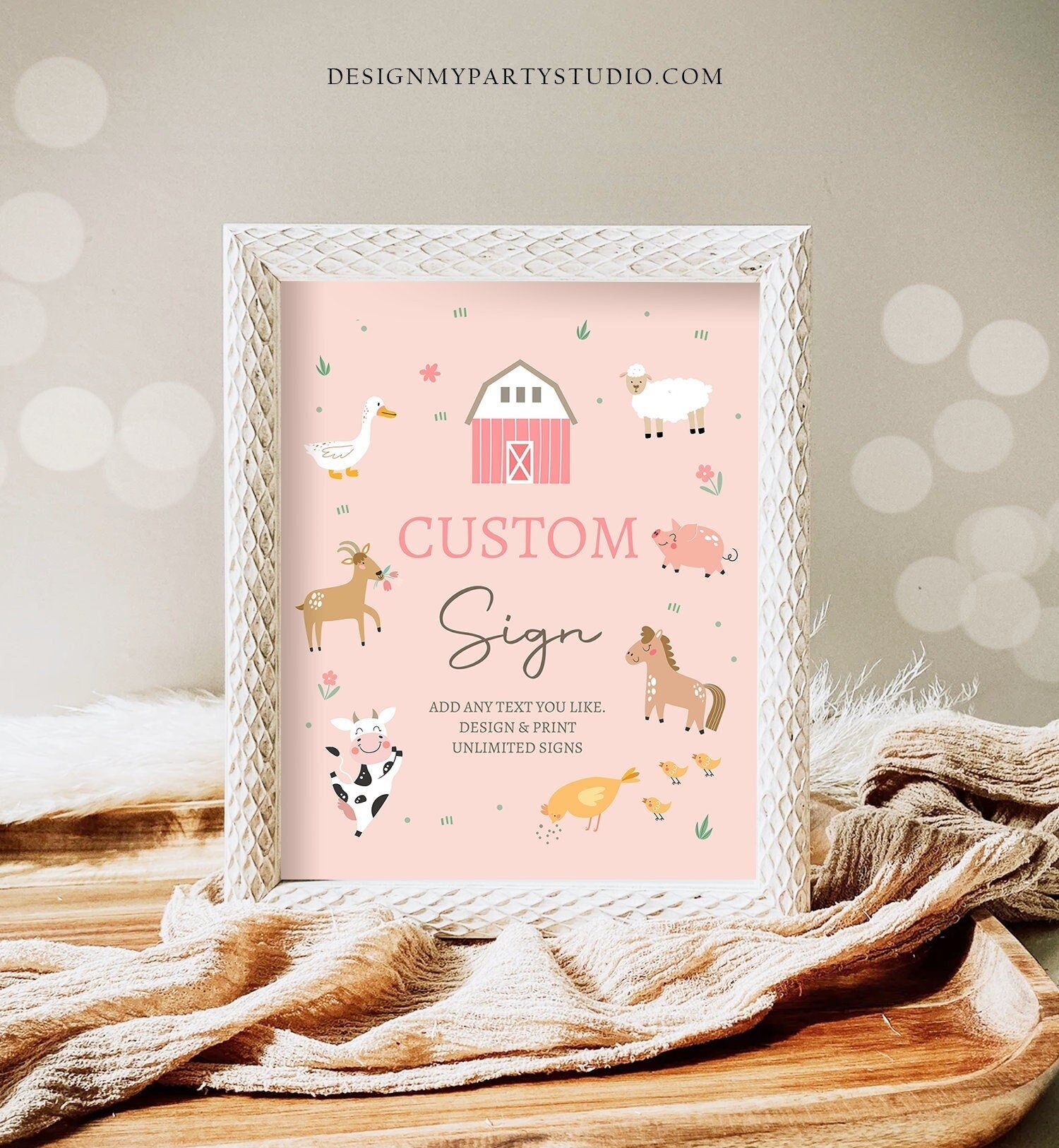 Editable Custom Sign Farm Animals Sign Pink Barnyard Birthday Decorations Girl Cow Pig Table Sign Digital Download Template Printable 0436