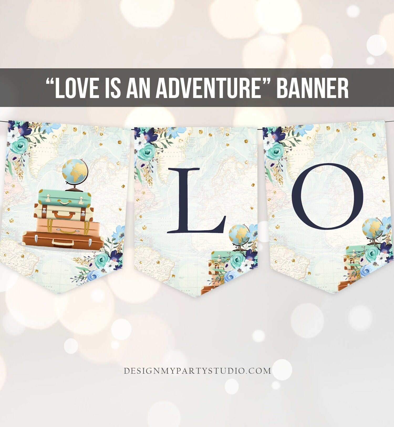 Love is an Adventure Banner Travel Adventure Bridal Shower Traveling Suitcases Floral Navy Blue Flowers Instant Download Printable 0030
