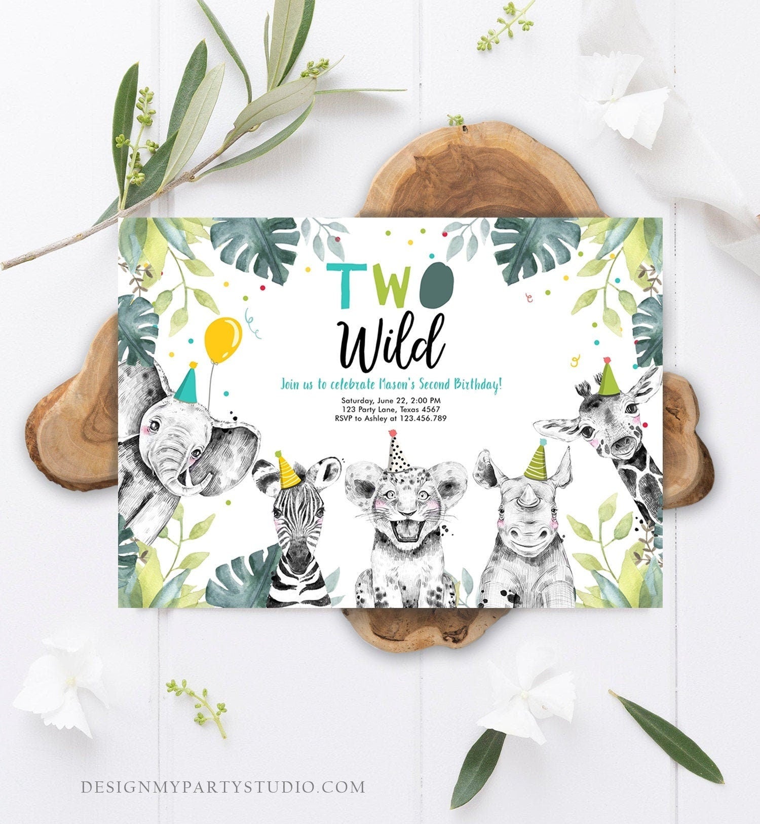 Editable Two Wild Birthday Invitation Boy Safari Animals Green Gold Safari Zoo Second Birthday 2nd Digital Download Template Printable 0322