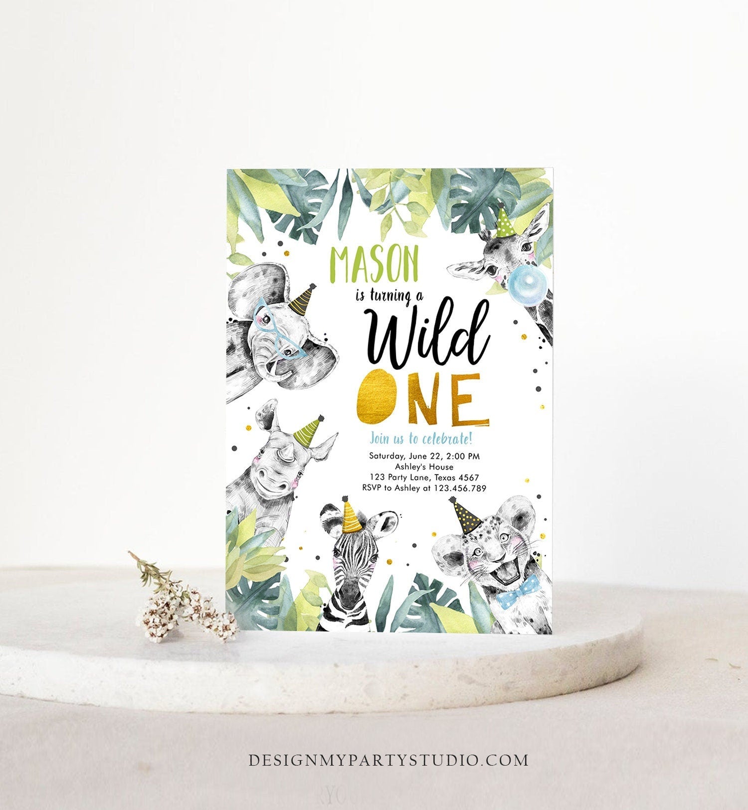 Editable Wild One Birthday Invitation Safari Party Animals Boy Gold First Birthday Born to be Wild Digital Evite Template Printable 0322