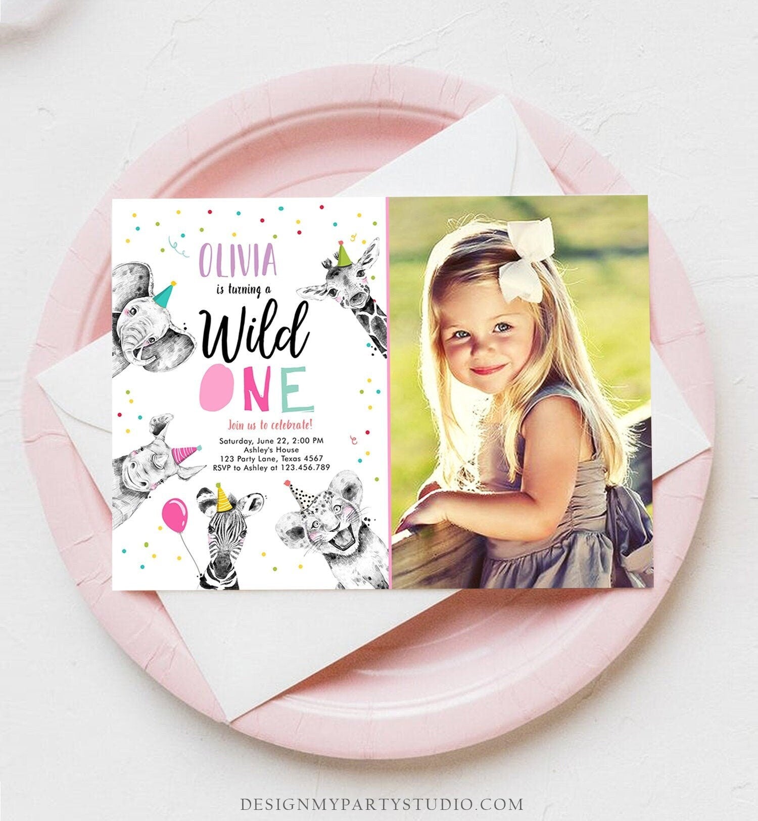 Editable Wild One Birthday Invitation Safari Animals Party Animals Girl Pink Gold First Birthday 1st Digital Template Printable 0390
