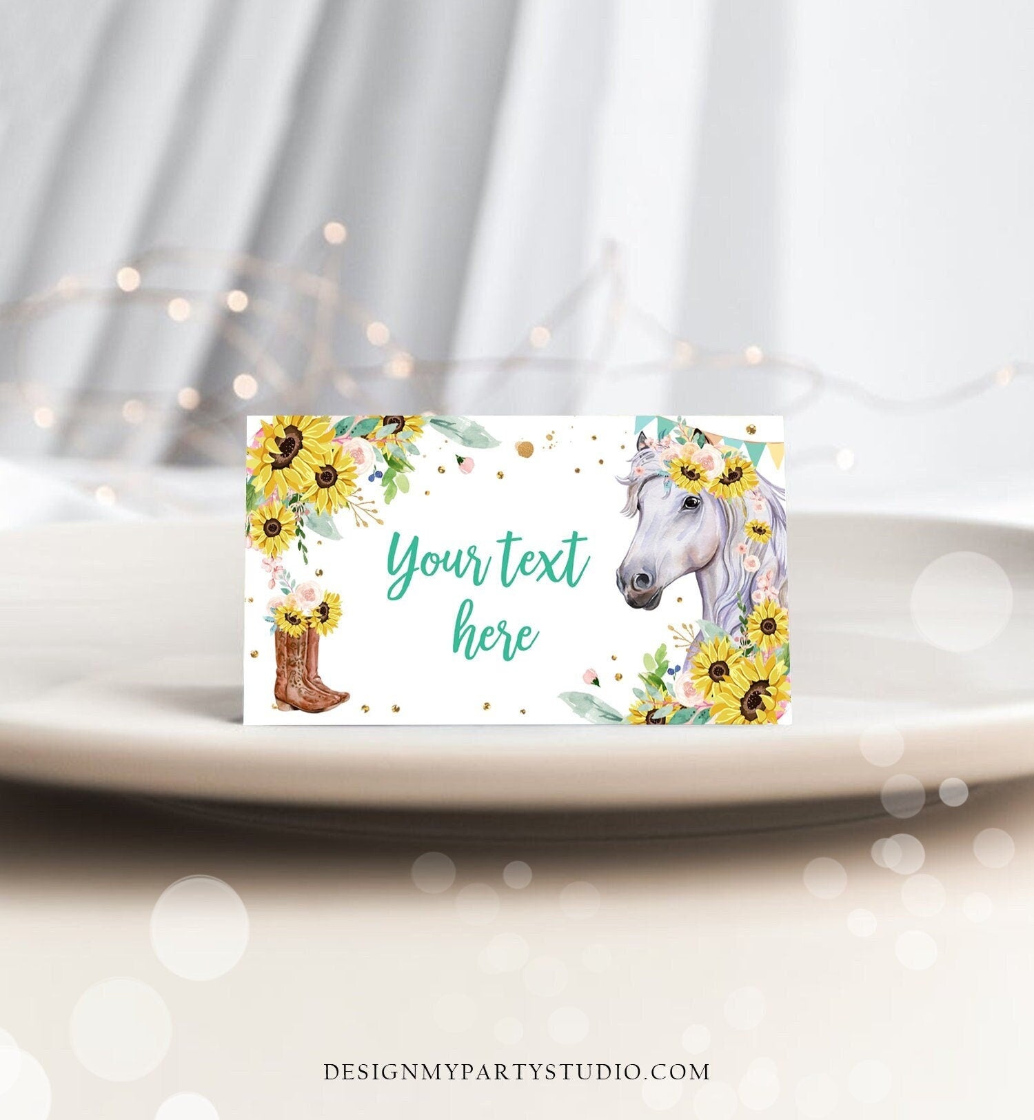 Editable Horse Birthday Food Tent Cards Horse Labels Cowgirl Party Place Girl Sunflowers Pony Saddle Up Digital Template Printable 0408
