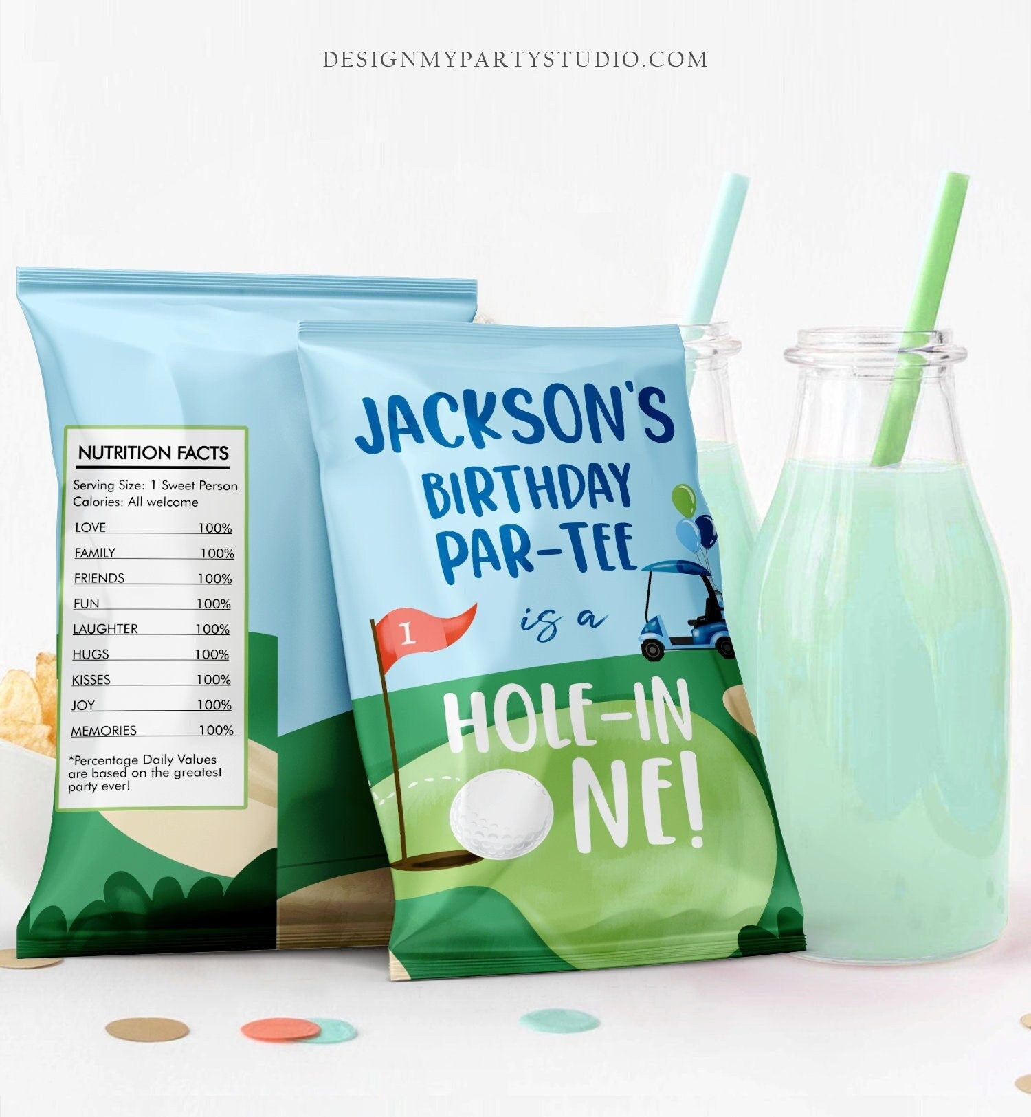 Editable Hole in One Birthday Chip Bag Golf First Birthday Par-tee Decor Boy Golfing Party Favors 1st Digital Template Printable 0405