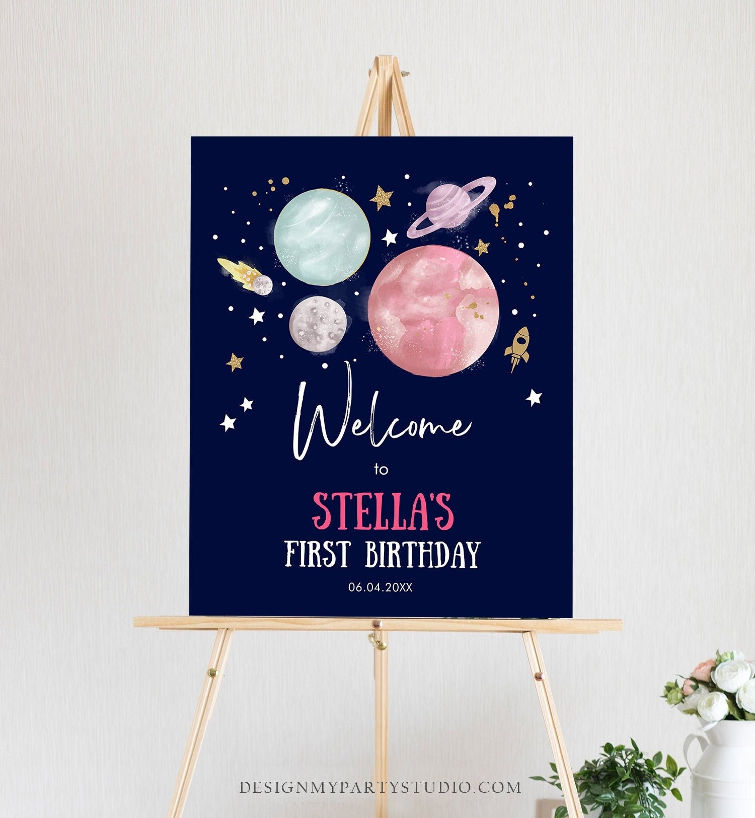 Editable Outer Space Birthday Welcome Sign 1st Birthday Girl Galaxy Planets Trip Around the Sun Astronaut Digital Template Printable 0357