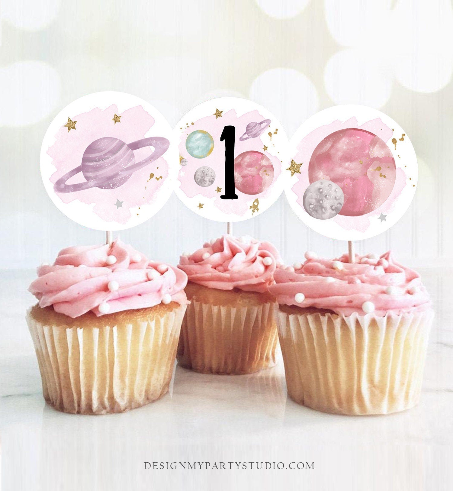 Outer Space Birthday Cupcake Toppers First Trip Around the Sun Favor Tags Space Birthday Planets Galaxy Girl Pink Digital Printable 0357