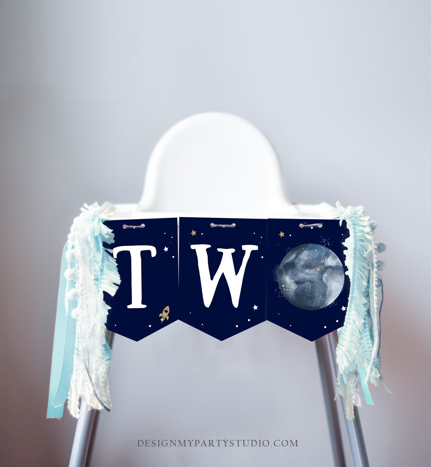 Outer Space Planets High Chair Banner Astronaut Rocket 2nd Birthday Boy High Chair TWO the Moon Banner Party Decor Digital Printable 0357
