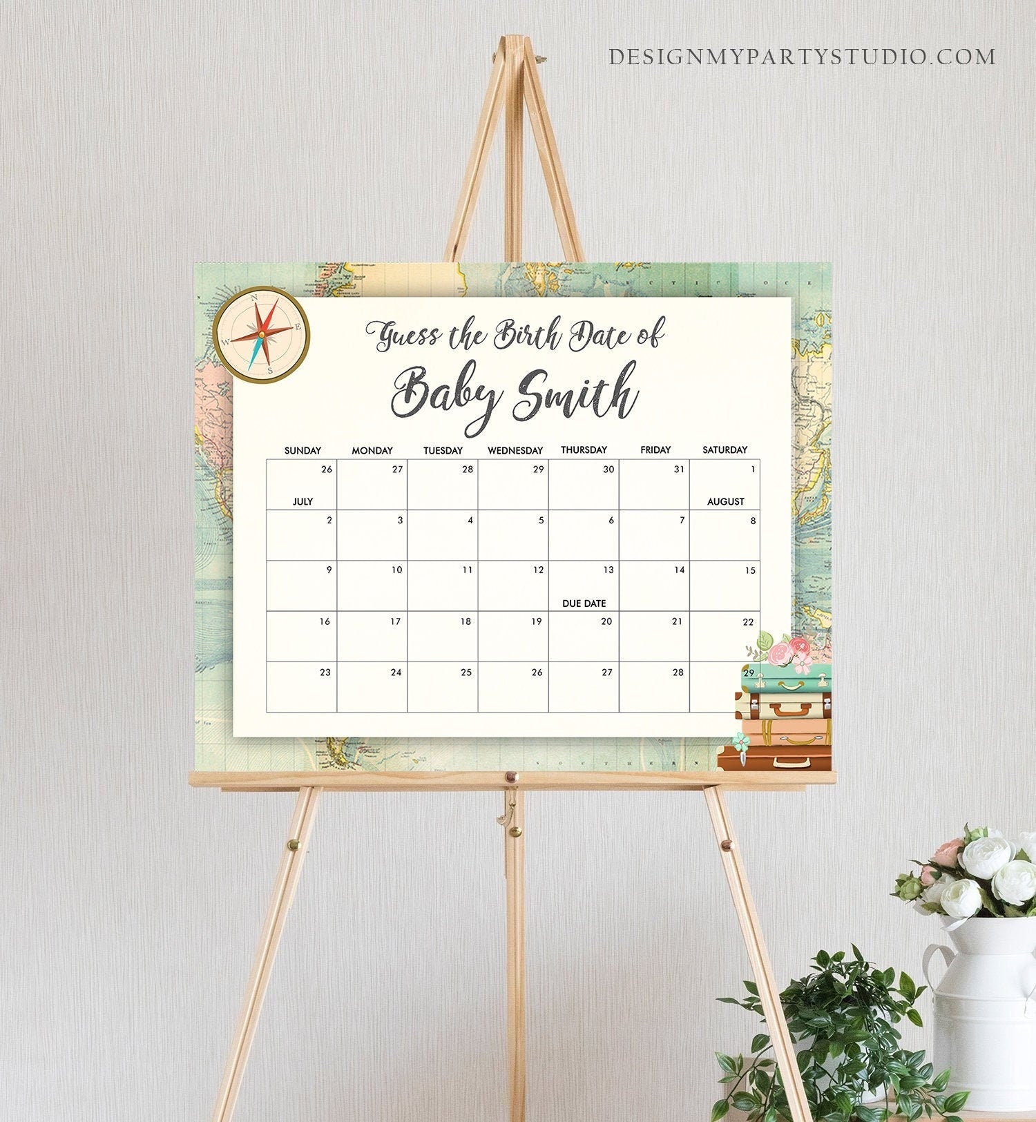 Editable Guess the Birth Date Baby Shower Game Guess Birthday Vintage Travel Adventure Suitcases World Digital Template Printable 0044