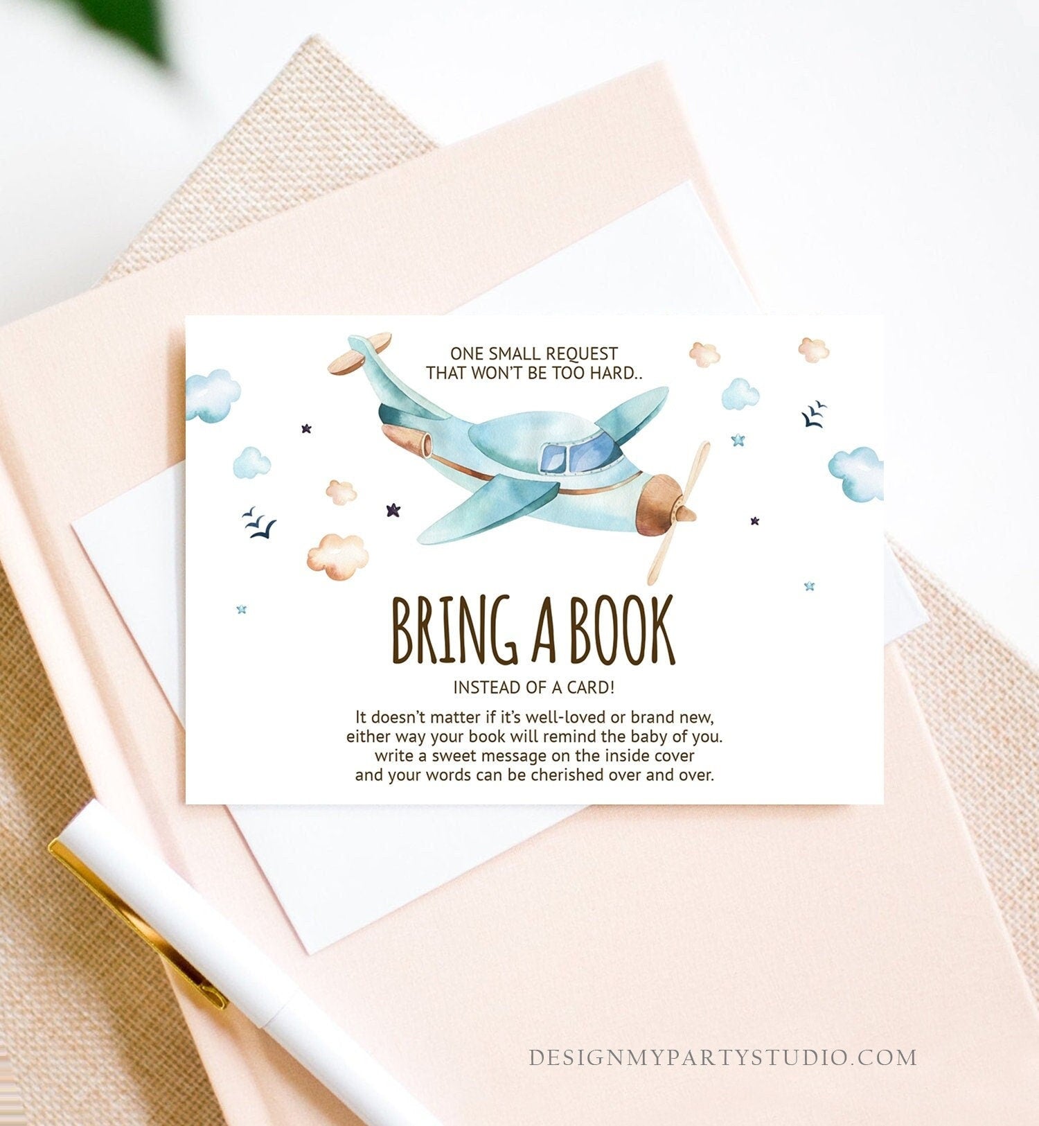 Editable Bring a Book Card Airplane Baby Shower Boy Vintage Travel Adventure Baby Book Insert Books for Baby Digital Template Printable 0185