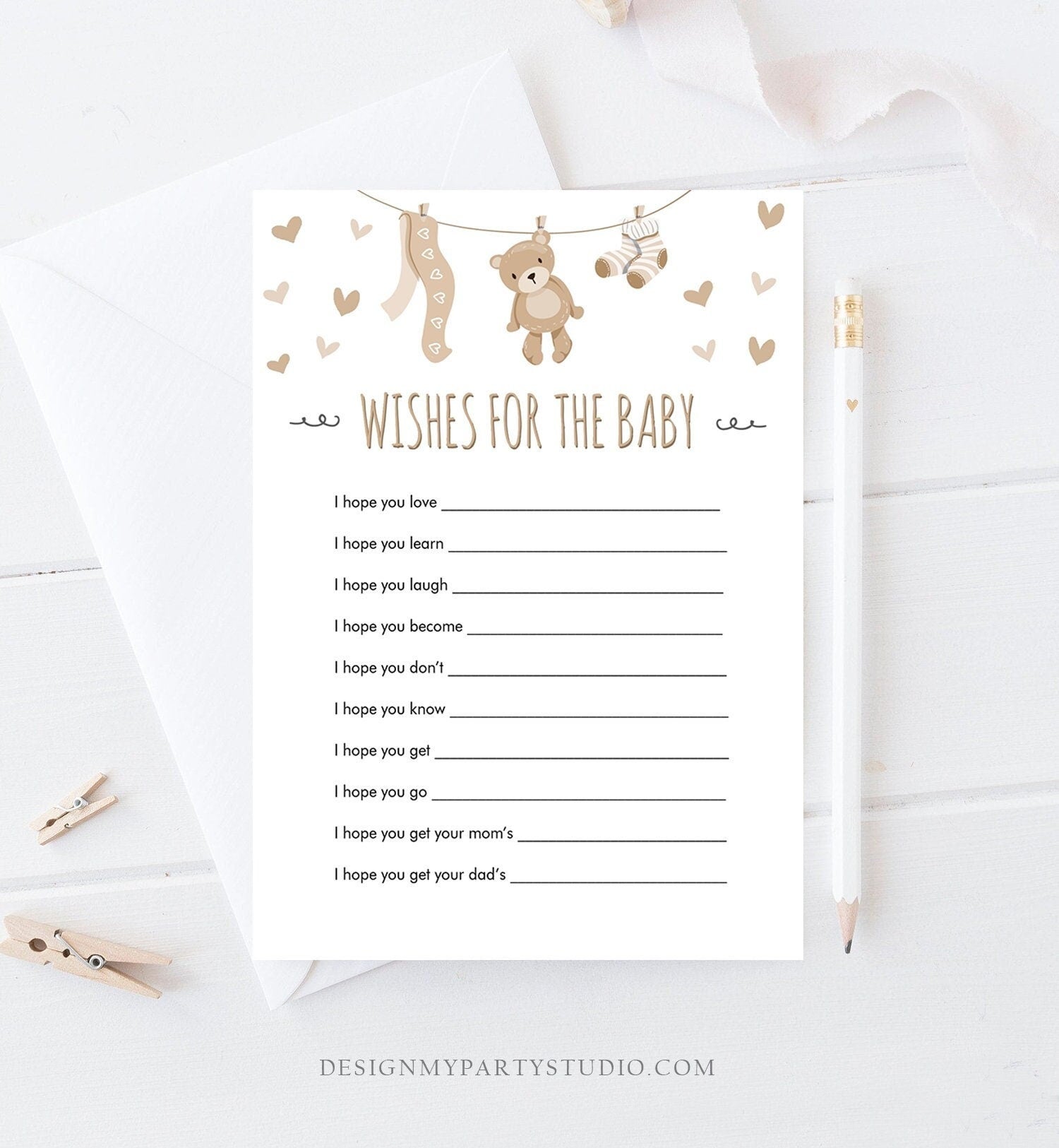 Editable Wishes for Baby Baby Shower Game Teddy Bear Neutral Diaper Advice Card Shower Activity Digital Download Template Printable 0025