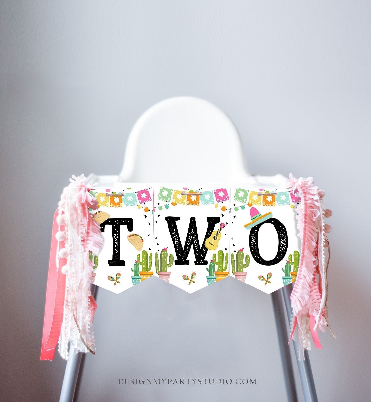 TWO Fiesta High Chair Banner Girl Second Birthday 2nd Chair Banner Taco Twosday Mexican Pink Cactus Cinco de Mayo Digital Printable 0161
