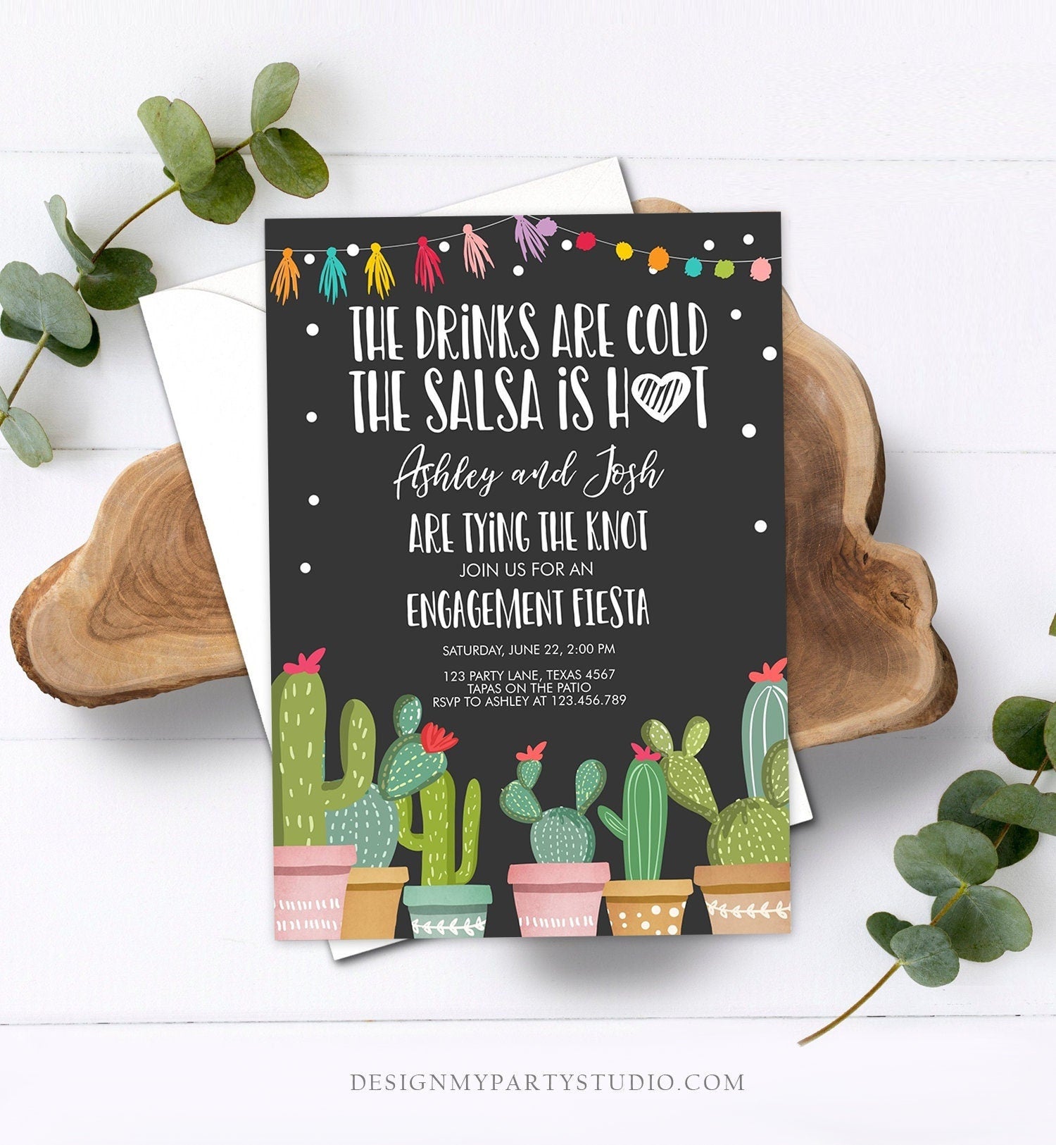 Editable Fiesta Engagement Invitation Bridal Shower Couples Cactus Drinks Cold Salsa is Hot Tying Knot Digital Template Printable 0254