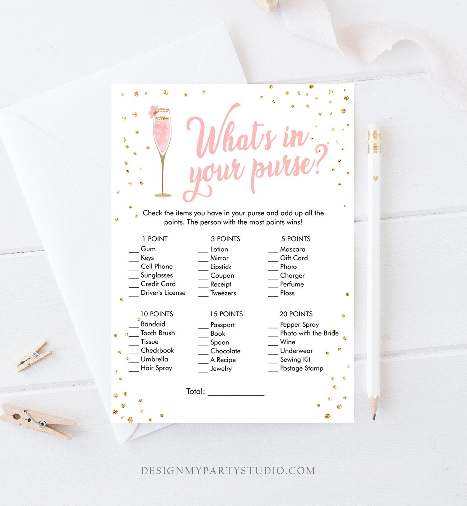 Editable What's In Your Purse Bridal Shower Game Brunch and Bubbly Whats in Purse Wedding Activity Gold Digital Template Printable 0150