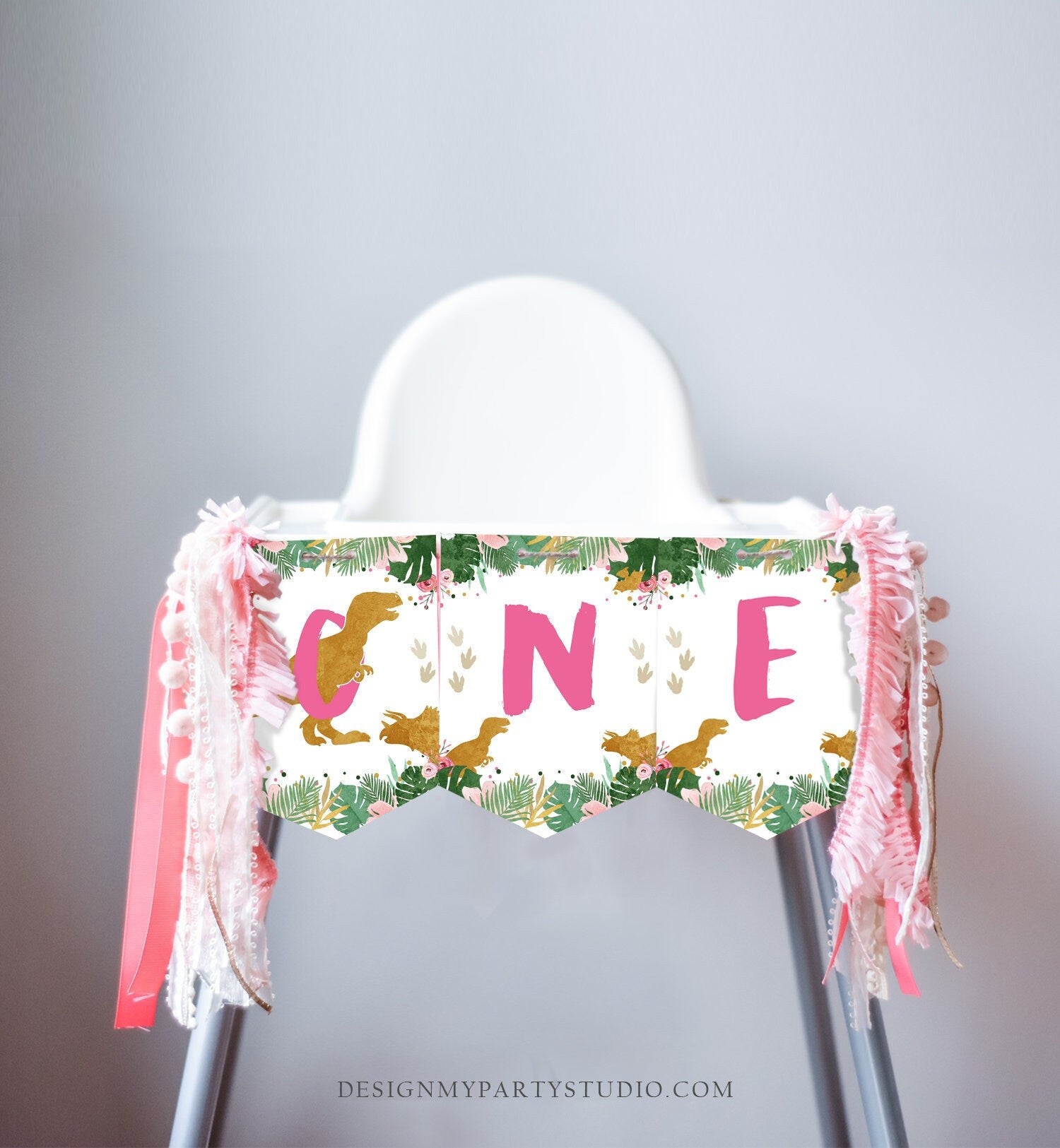 ONE Dinosaur High Chair Banner Dinosaur Girl 1st First Birthday High Chair Pink Dino Party T-Rex Decor Digital Download Printable 0146