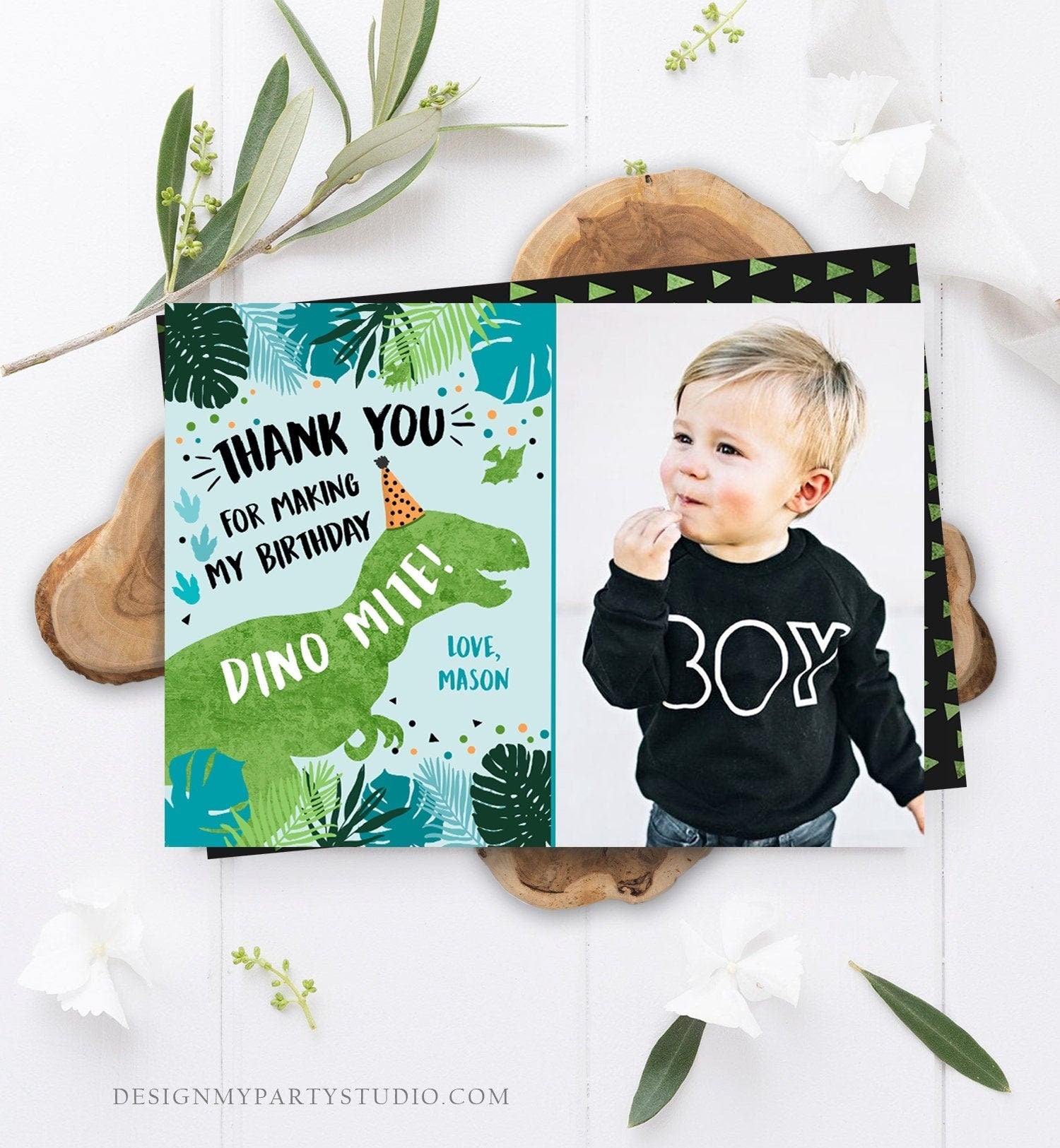 Editable Dinosaur Thank You Card Birthday Boy Black Green Gold Dino Party T-Rex Photo Digital Download Evite Template Printable 0389