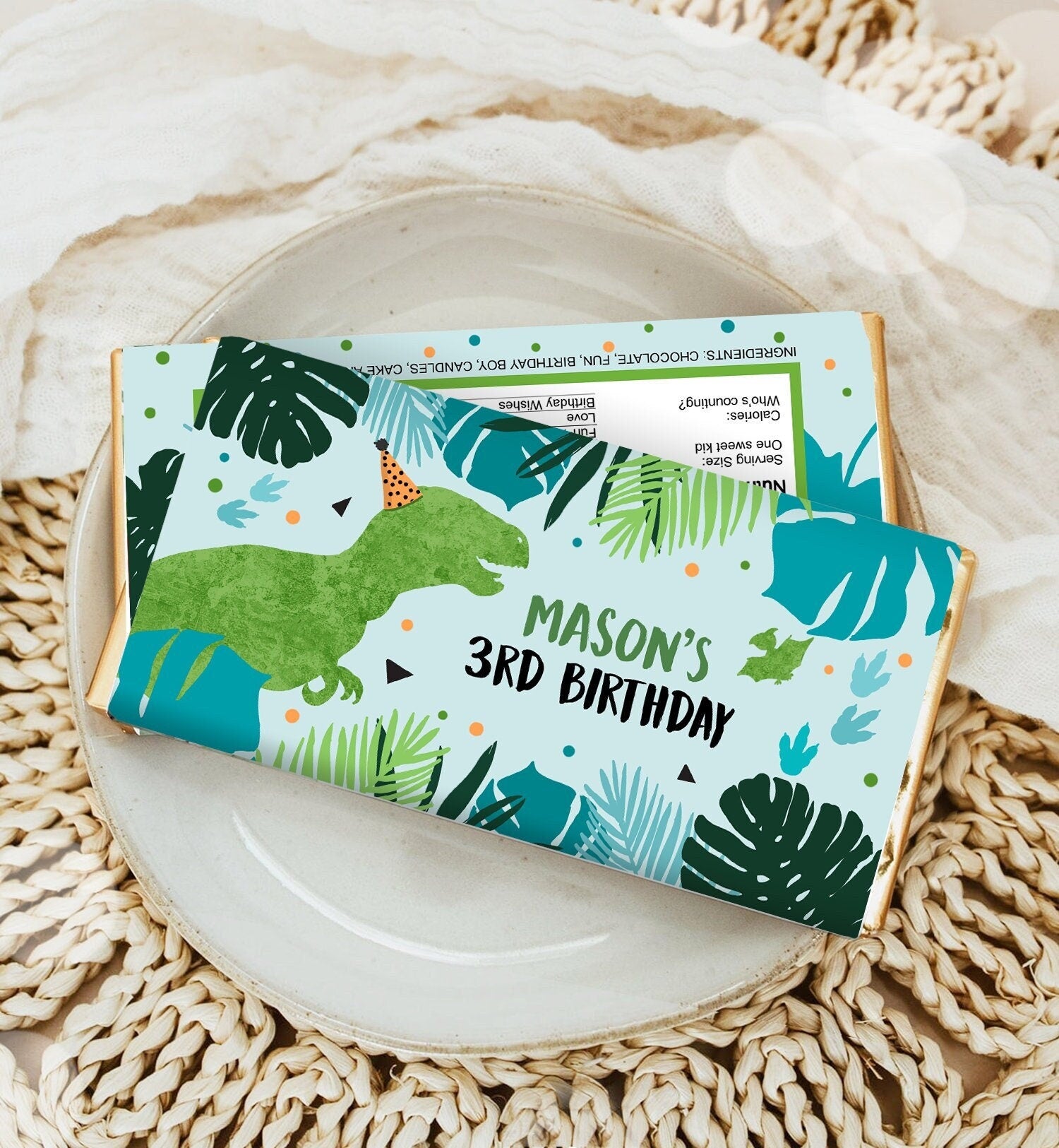 Editable Dinosaur Chocolate Bar Labels Candy Bar Wrapper Three Rex Birthday Blue Green T-Rex Dino Digital Download Template Printable 0389