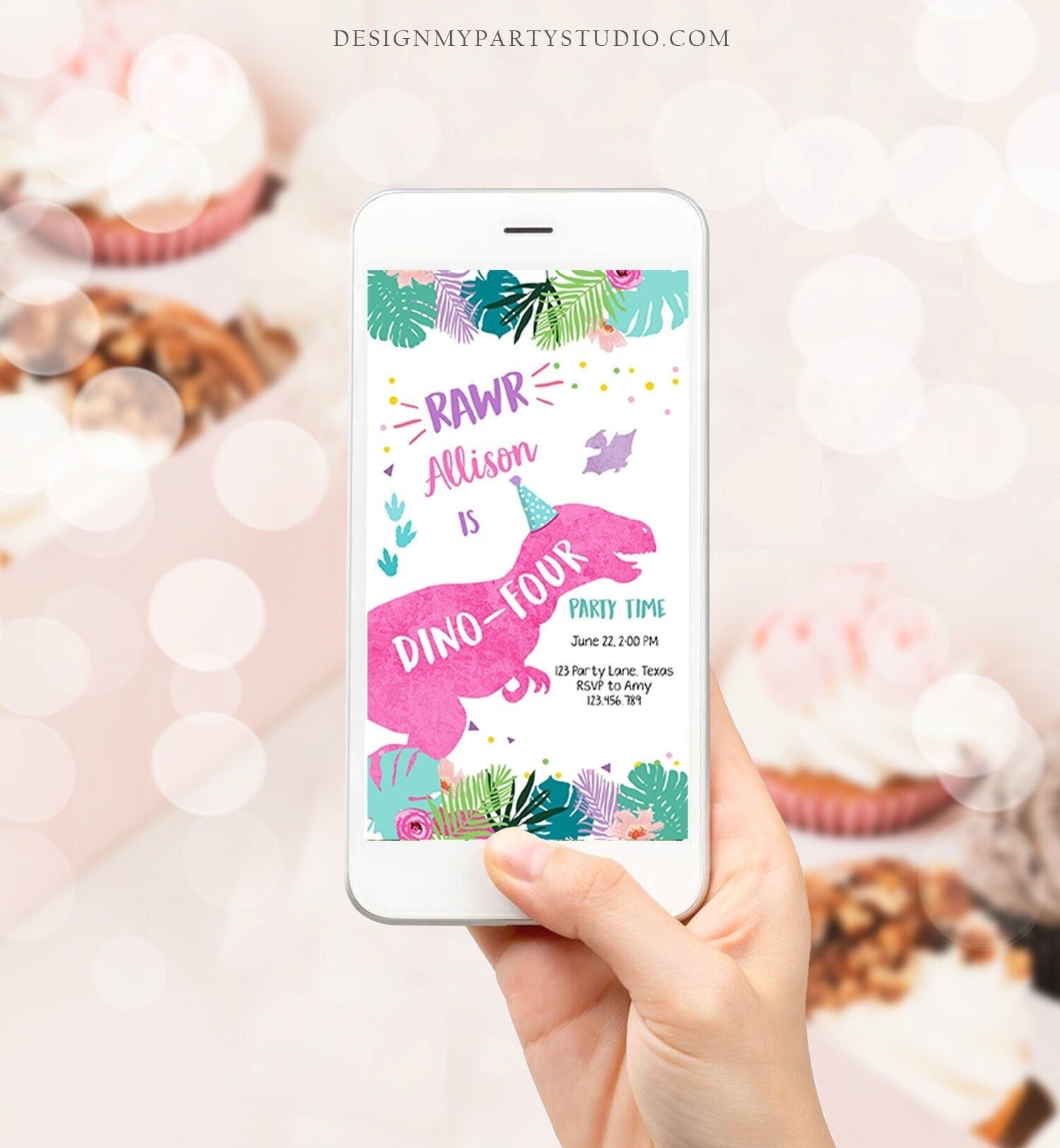 Editable Dino-Four Dinosaur Birthday Evite Dino T-Rex 4th Invitation Fourth Girl Pink Prehistoric Phone Digital Download Template 0423