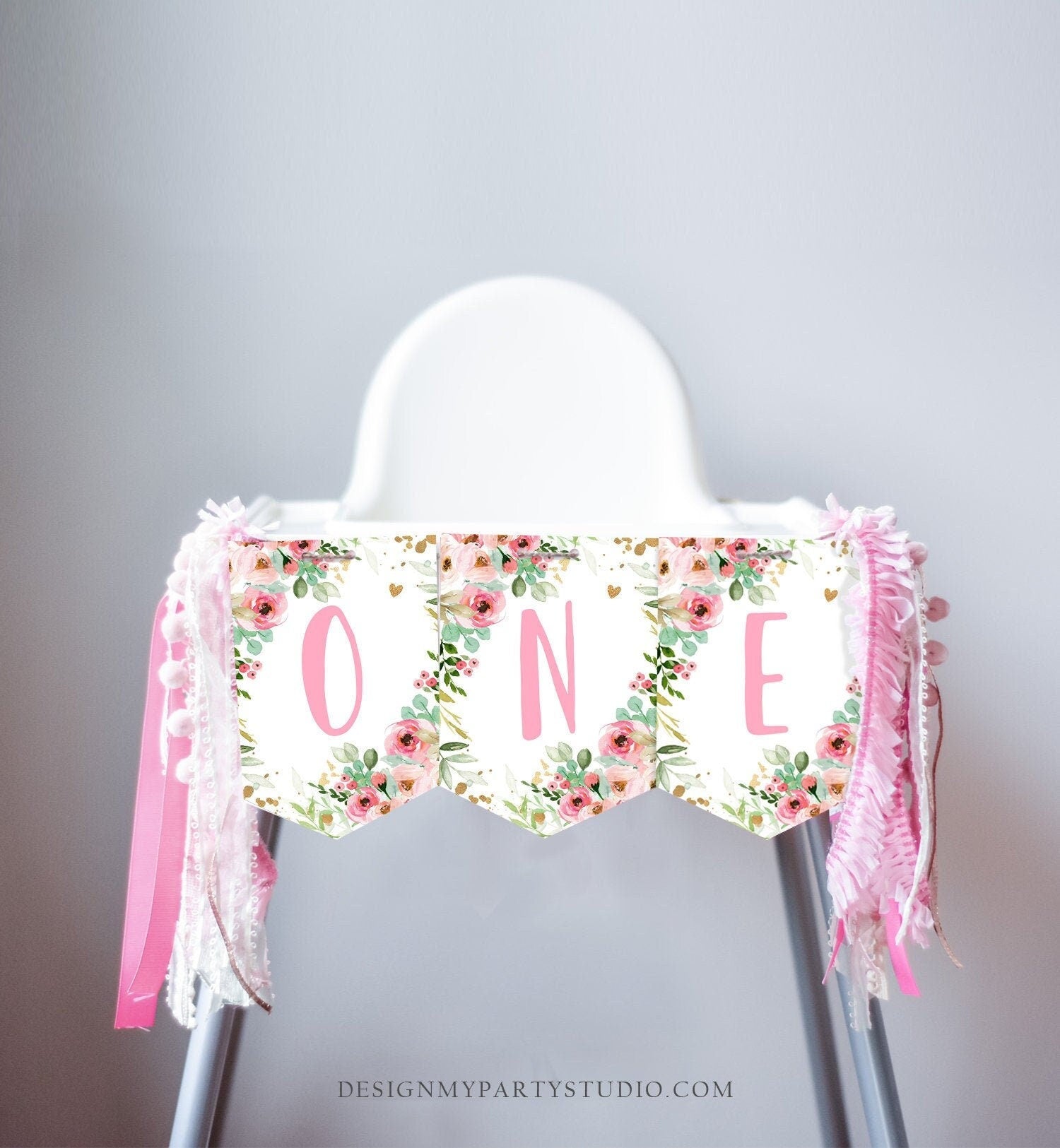 Little Miss Onederful High Chair Banner Pink Floral 1st Girl First Birthday Flowers Gold Pastel ONE Party Decor Digital Printable 0147