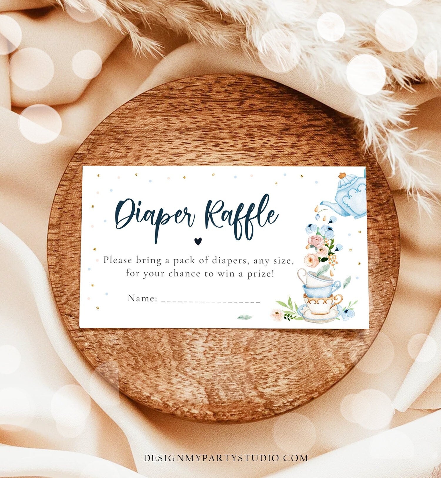 Editable Diaper Raffle Ticket Diaper Game Card Baby is Brewing Baby shower Tea Floral Brunch Blue Boy Digital Template Printable 0349