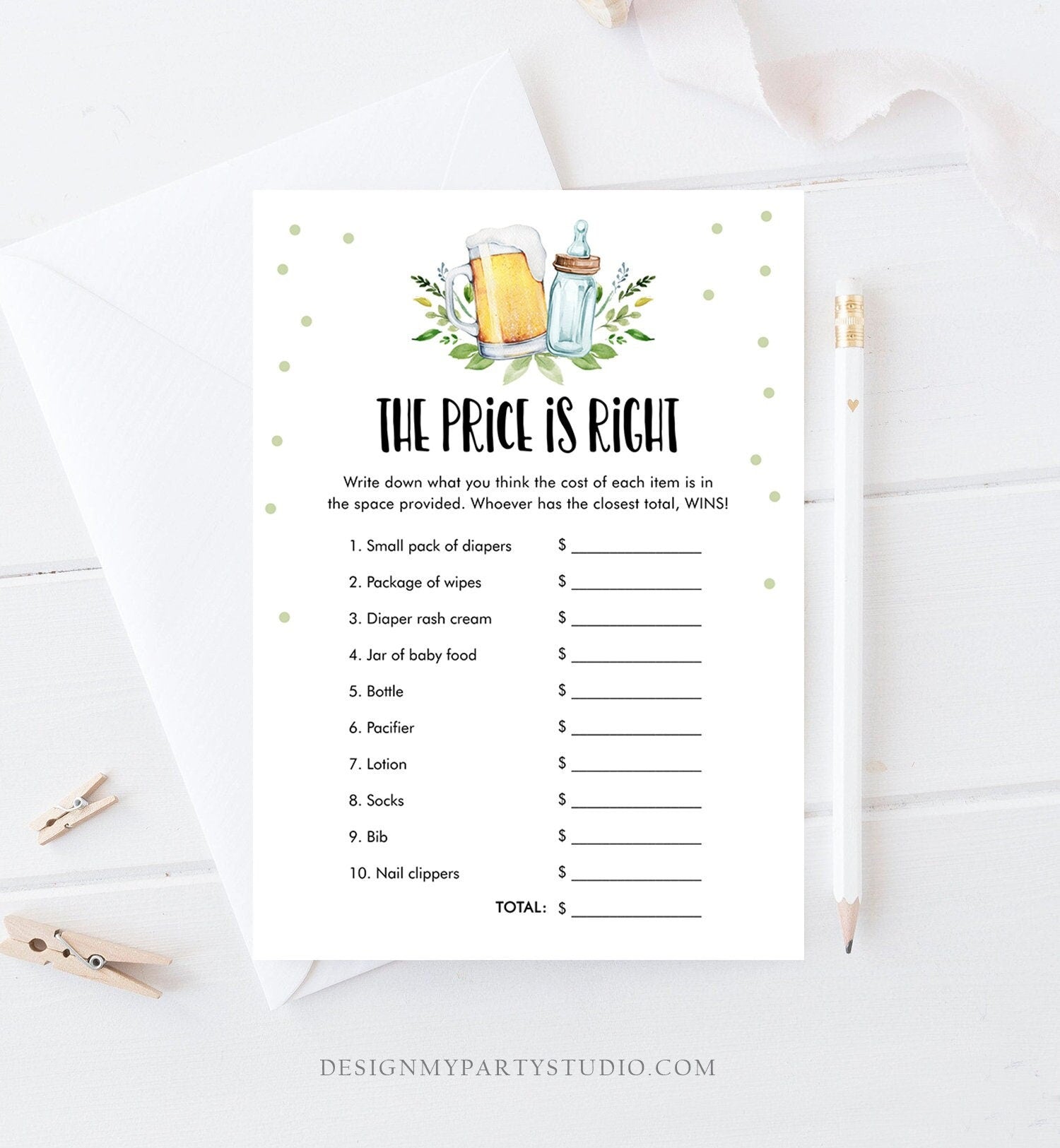 Editable The Price is Right Baby Shower Game Greenery Baby is Brewing Activity Gender Neutral Beer Bottle Digital Template Printable 0190