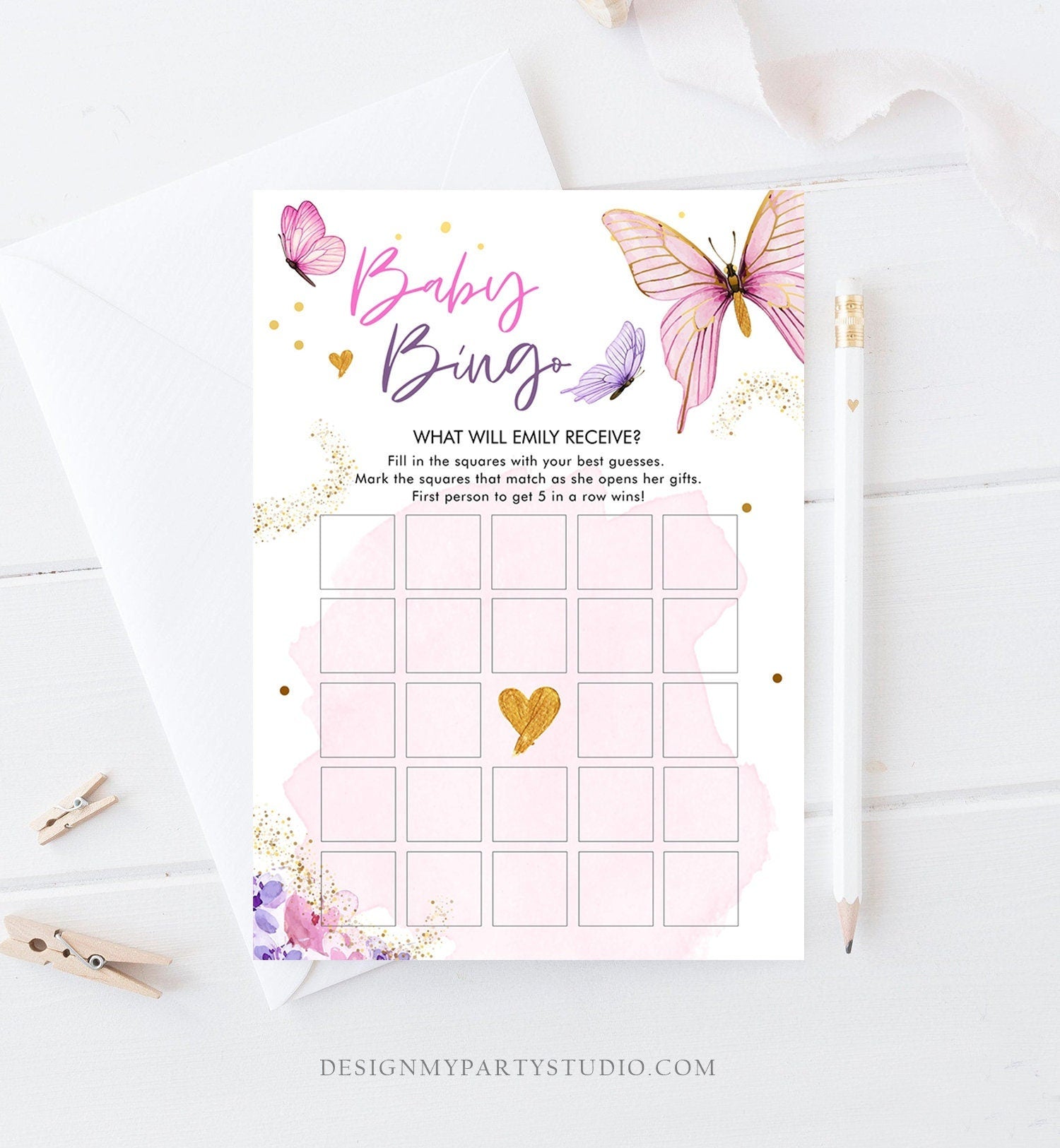 Editable Baby Bingo Baby Shower Game Butterfly Baby Shower Floral Butterflies Lilac Pink Purple Activity Digital Template Printable 0437