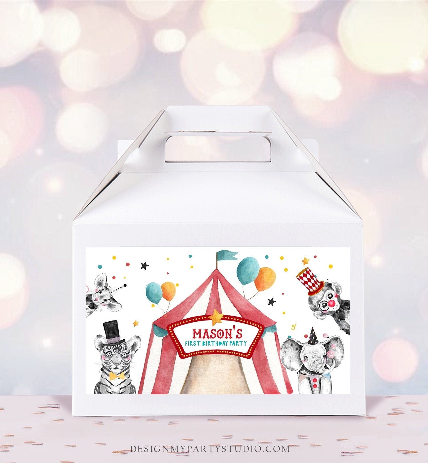 Editable Circus Gable Gift Box Label Carnival Favor Box Circus Birthday Treat Box Label Circus Theme Big Top Digital Template Printable 0355
