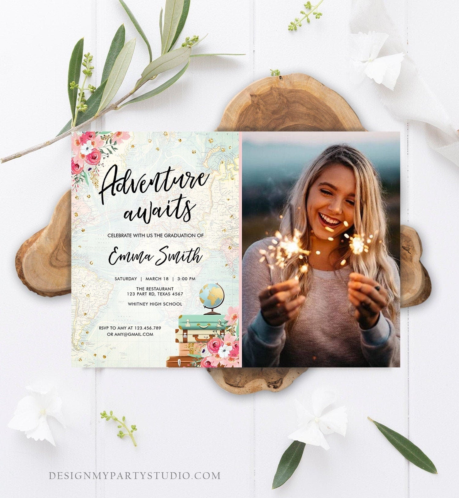 Editable Adventure Awaits Graduation Party Invitation Travel Around the World High School Grad College Digital Template Printable 0030