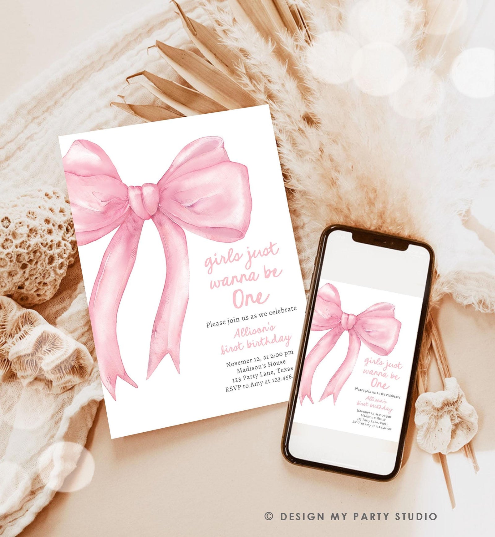 Editable Girls Just Wanna Be One Birthday Invitation Pink Bow 1st Birthday First Preppy Coquette Bow Evite Template Digital Download 0527