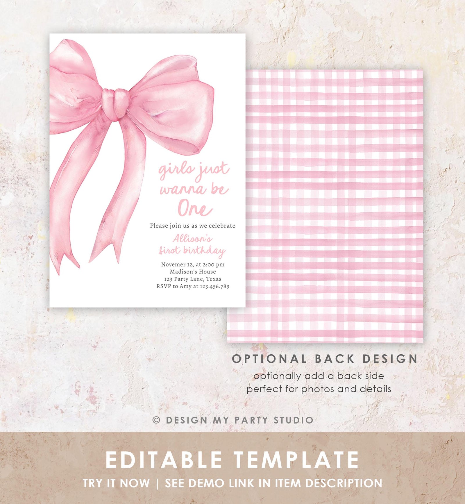 Editable Girls Just Wanna Be One Birthday Invitation Pink Bow 1st Birthday First Preppy Coquette Bow Evite Template Digital Download 0527