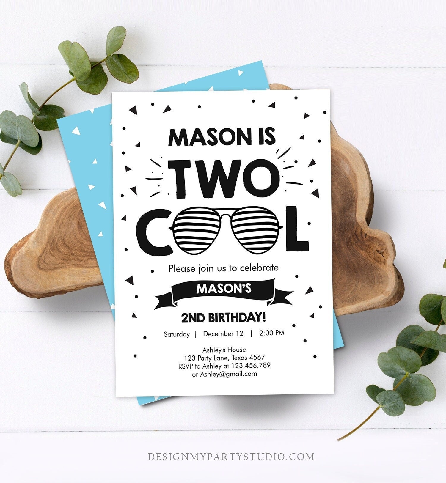 Editable Two Cool Birthday Invitation Boy Second Birthday Party 2nd I'm this Many Two Cool Sunglasses Palm Digital Template Printable 0136
