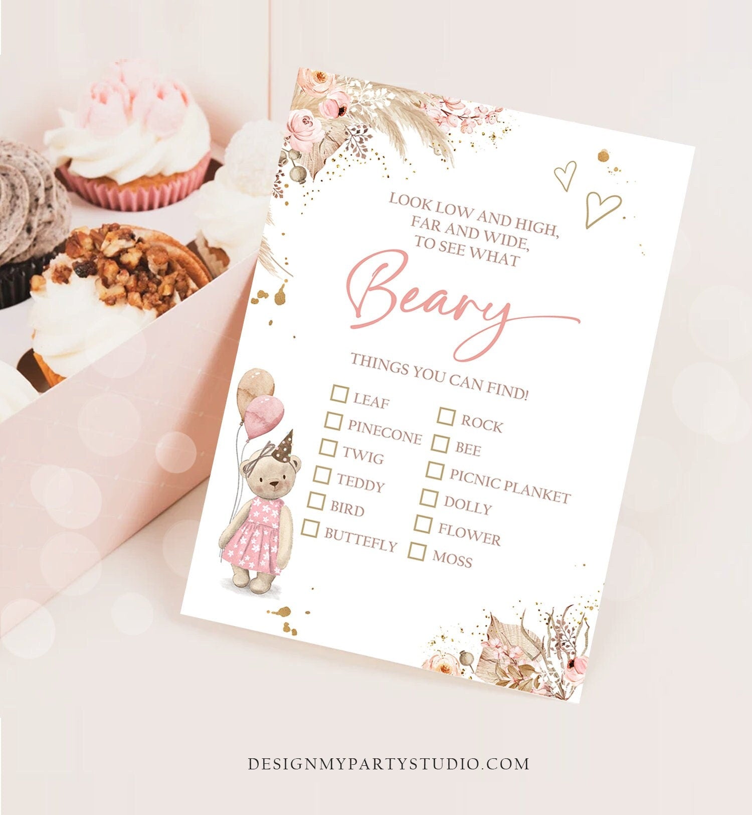 Editable Scavenger Hunt Checklist Game Party Teddy Bear Birthday Activity Whimsical Bear Forest Garden Girl Digital Template Printable 0421