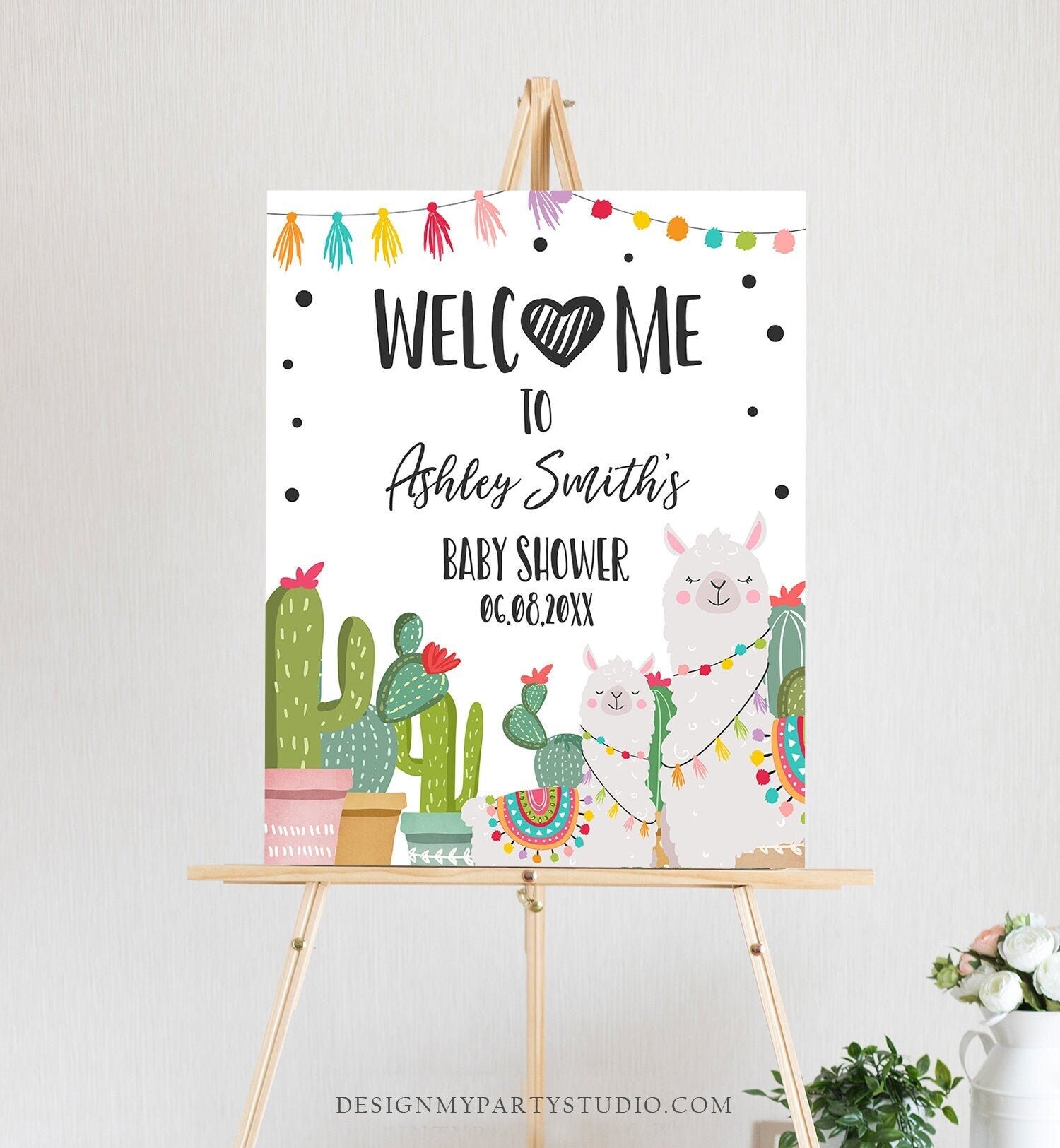 Editable Llama Fiesta Welcome Sign Baby Shower Cactus Mexican Succulent Couples Shower Sprinkle Table Digital Template Printable 0079