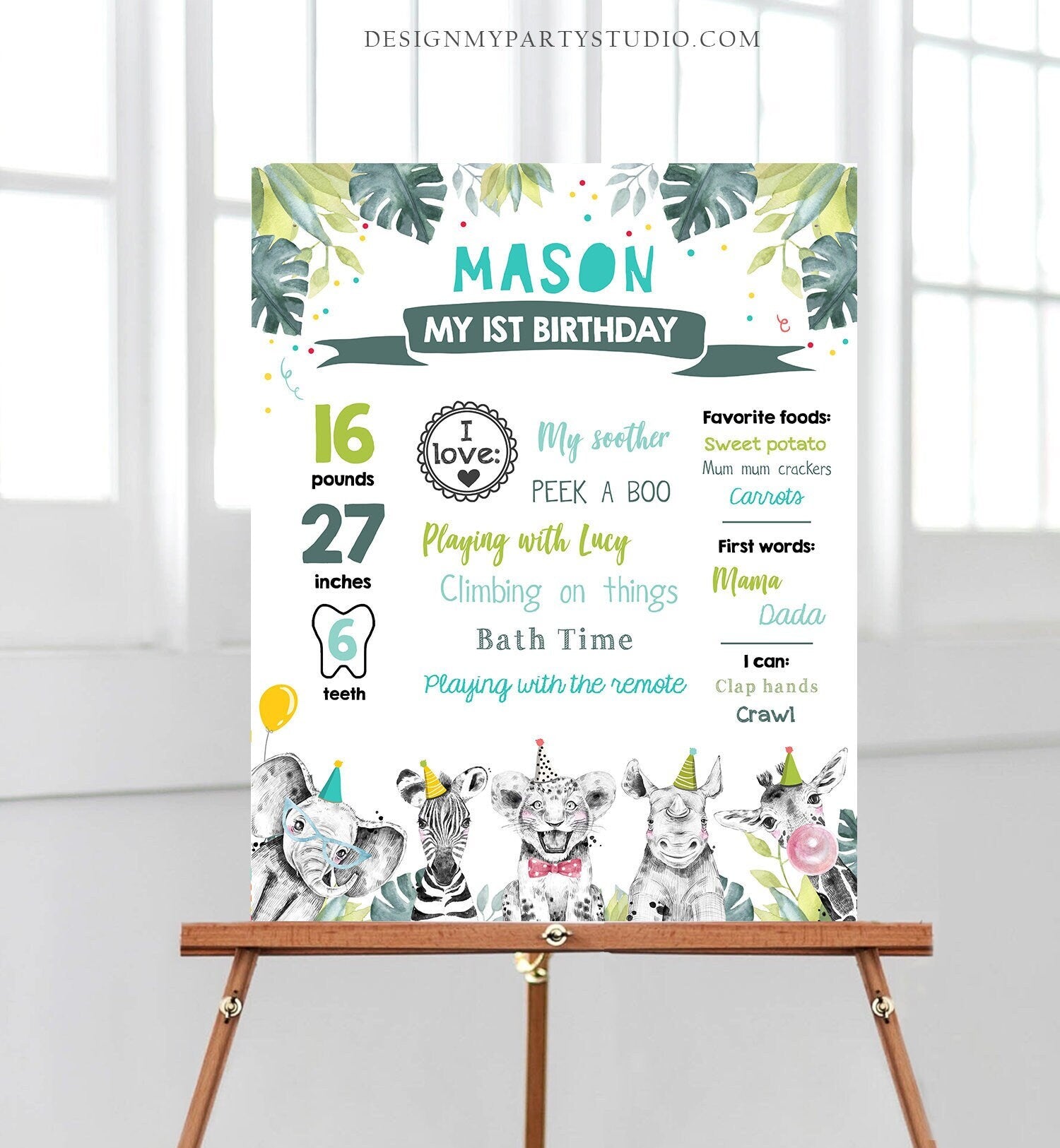 Editable Party Animals Birthday Milestone Sign Boy Green Blue First Birthday 1st Safari Animals Wild Zoo Digital Template Printable 0322