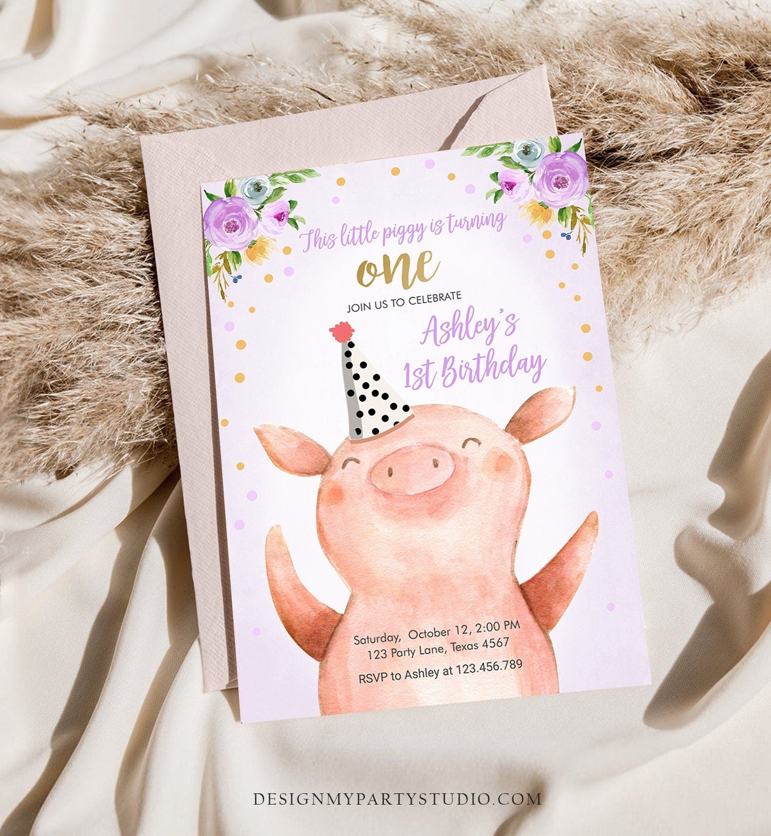 Editable Pig Birthday Invitation Girl Farm Animals Purple Floral Barnyard Party Download Printable Invitation Template Evite Digital 0188