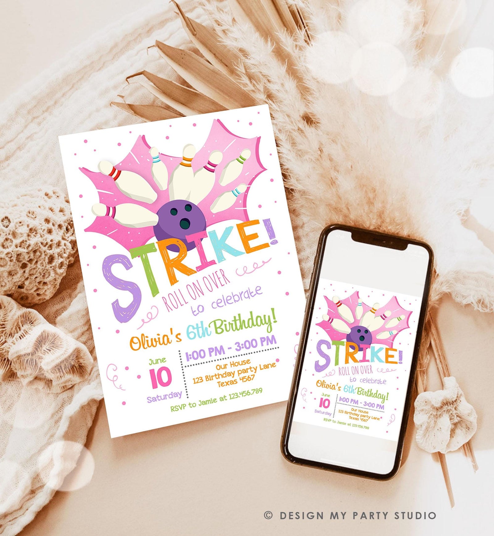 Editable Bowling Birthday Party Invitation Girl Pink Purple Bowling Party Strike Kids Download Printable Invitation Template Evite 0081