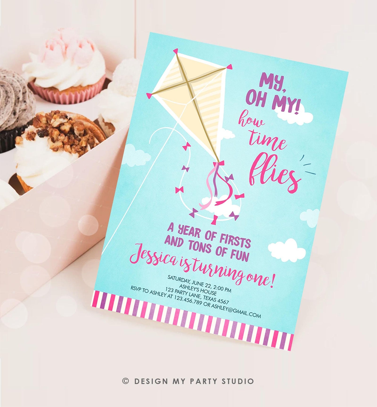 Editable Kite Birthday Invitation Oh My Time Flies First Birthday Girl Pink Park 1st Birthday Invite Download Printable Evite Template 0316