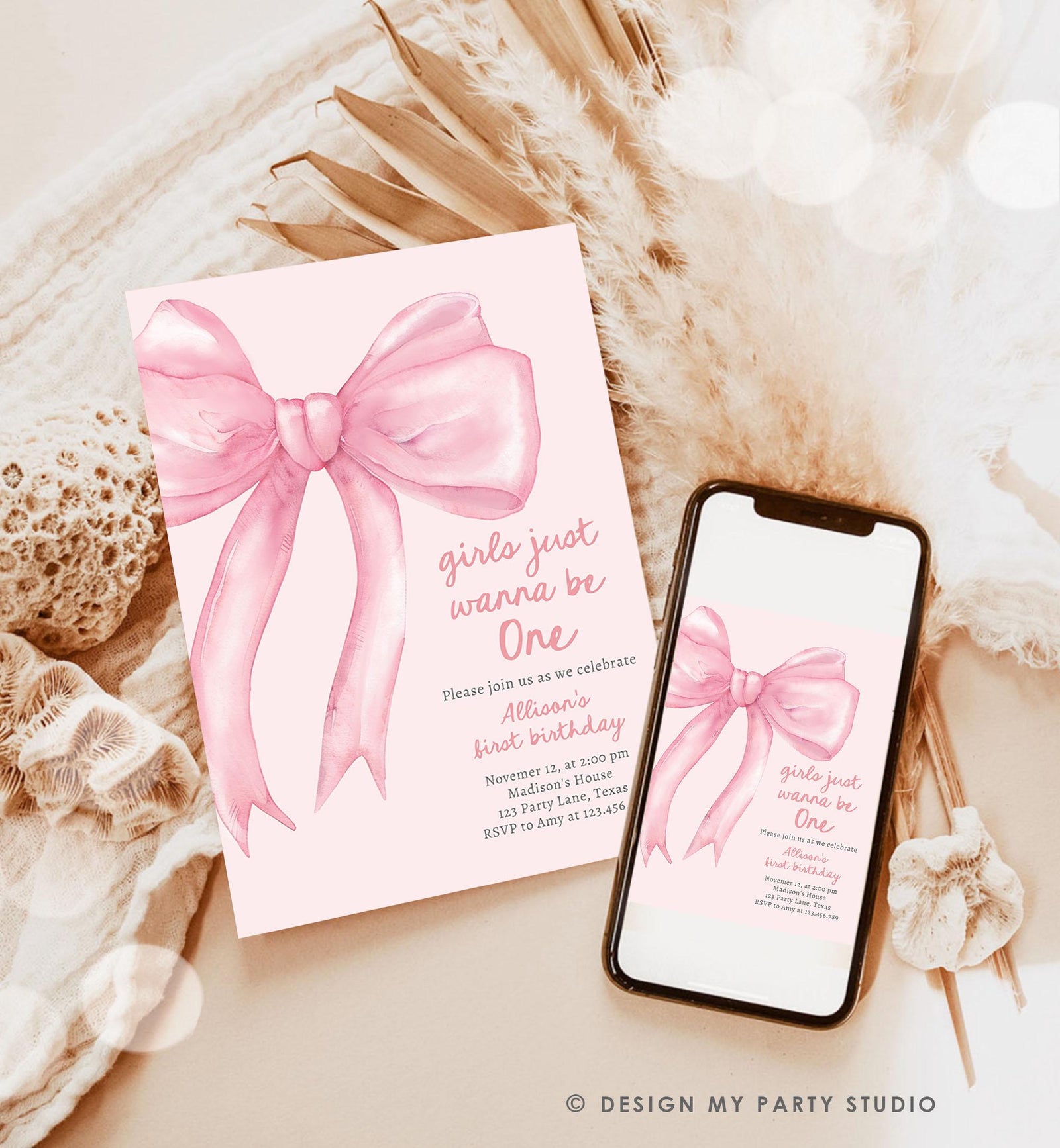 Editable Girls Just Wanna Be One Birthday Invitation Pink Bow 1st Birthday First Preppy Coquette Bow Evite Template Digital Download 0527