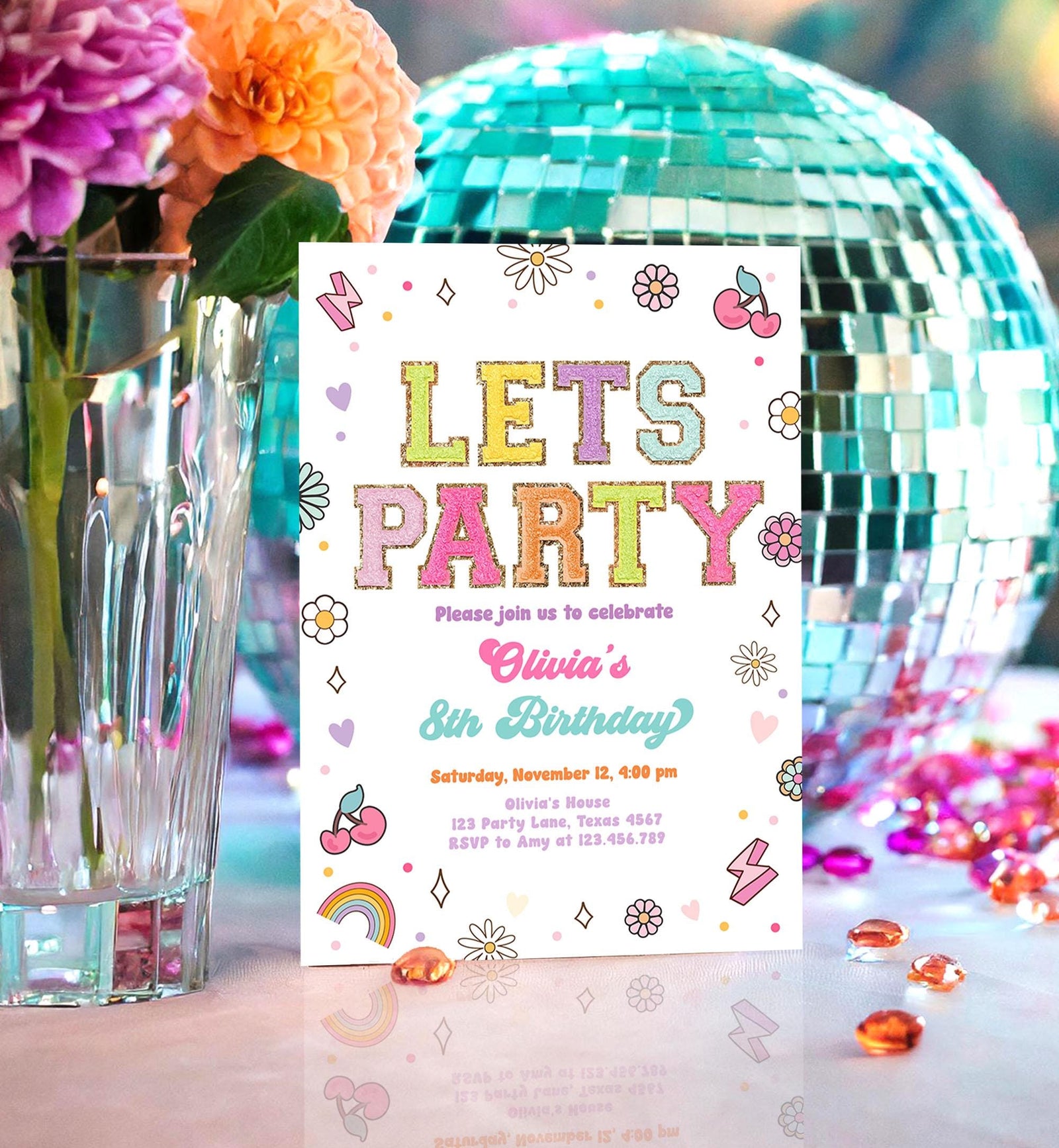 Editable Patch Letters Birthday Party Invitation Varsity Fashion Glitter Preppy Party Let's Party Teen Download Template Evite Digital 0528