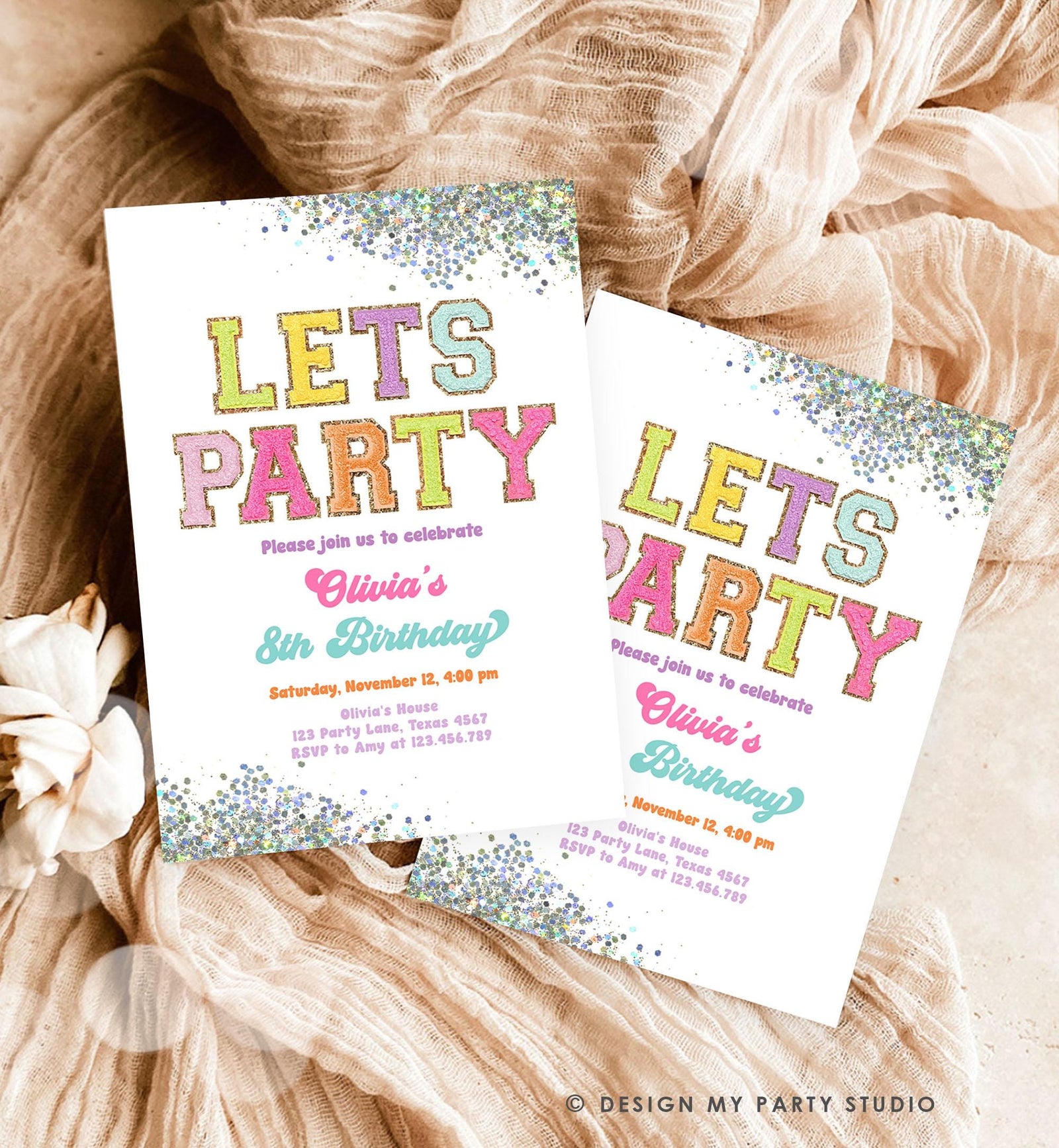 Editable Patch Letters Birthday Party Invitation Varsity Fashion Glitter Preppy Party Let's Party Teen Download Template Evite Digital 0528