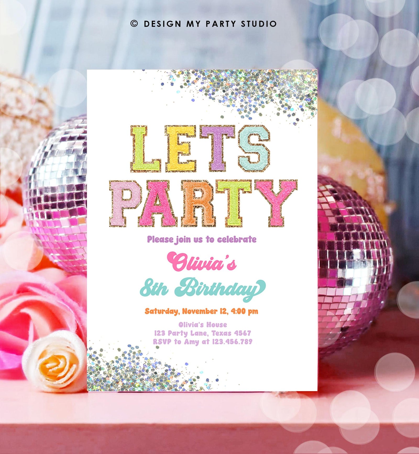 Editable Patch Letters Birthday Party Invitation Varsity Fashion Glitter Preppy Party Let's Party Teen Download Template Evite Digital 0528