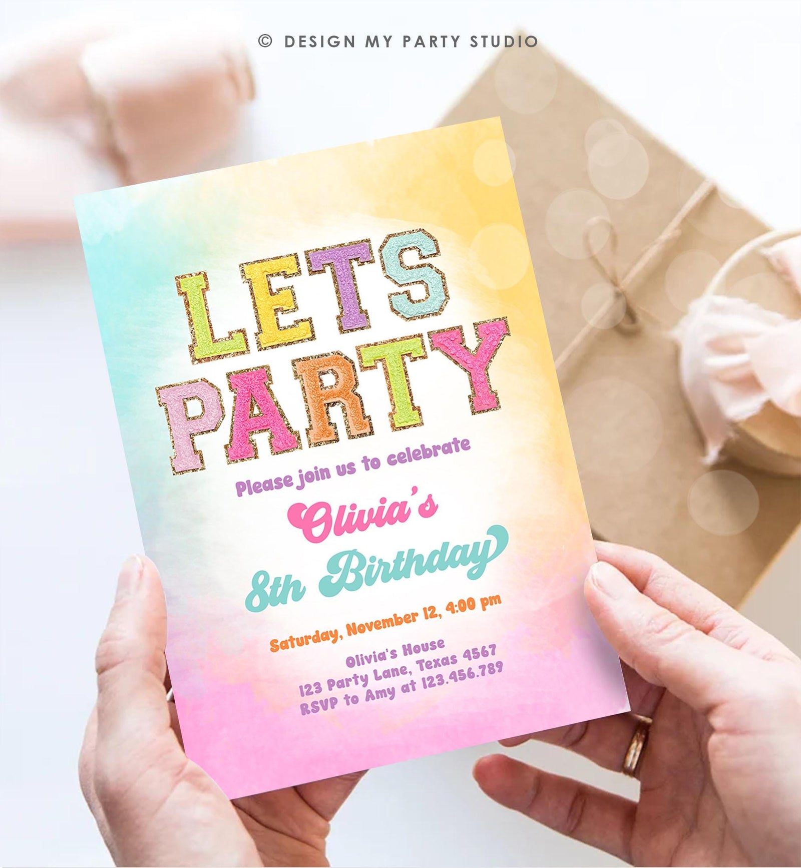 Editable Patch Letters Birthday Party Invitation Varsity Fashion Glitter Preppy Party Let's Party Teen Download Template Evite Digital 0528