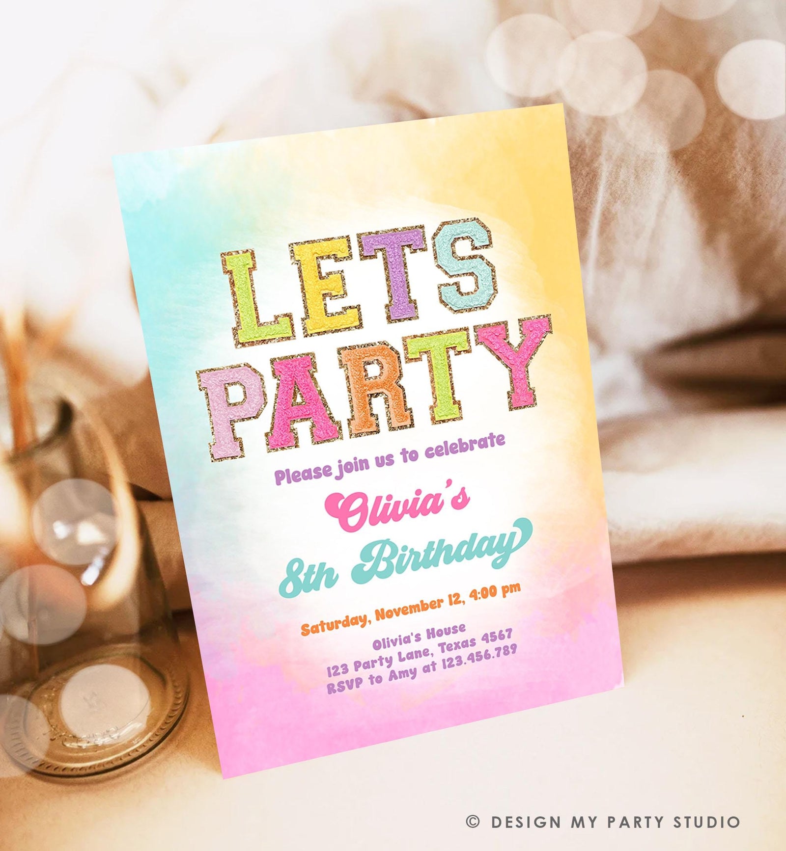 Editable Patch Letters Birthday Party Invitation Varsity Fashion Glitter Preppy Party Let's Party Teen Download Template Evite Digital 0528