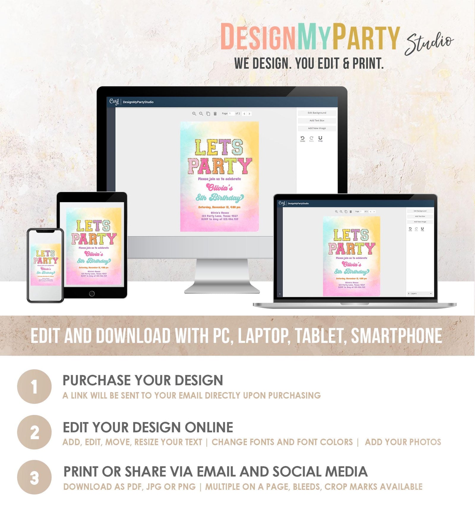 Editable Patch Letters Birthday Party Invitation Varsity Fashion Glitter Preppy Party Let's Party Teen Download Template Evite Digital 0528