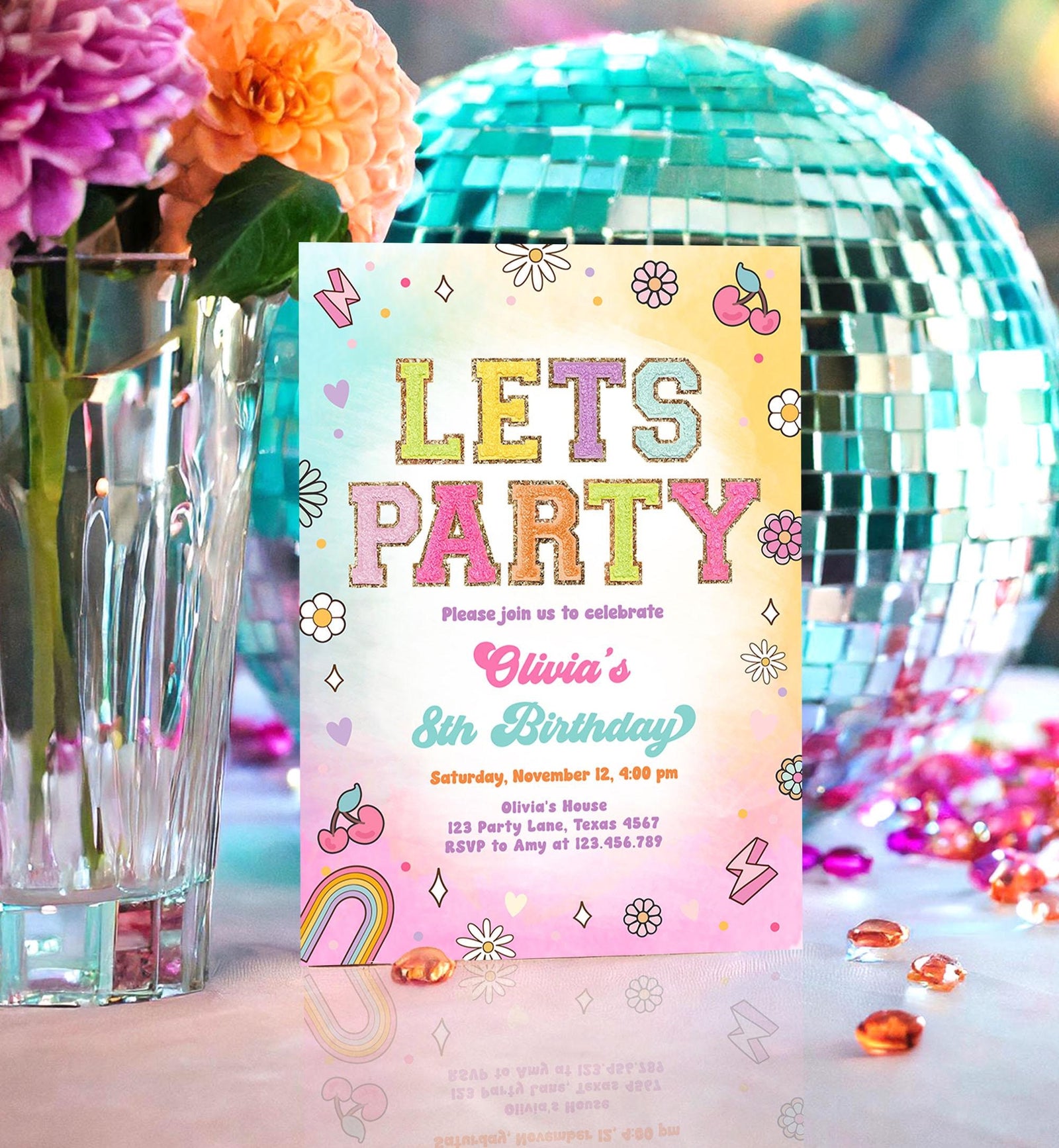 Editable Patch Letters Birthday Party Invitation Varsity Fashion Glitter Preppy Party Let's Party Teen Download Template Evite Digital 0528
