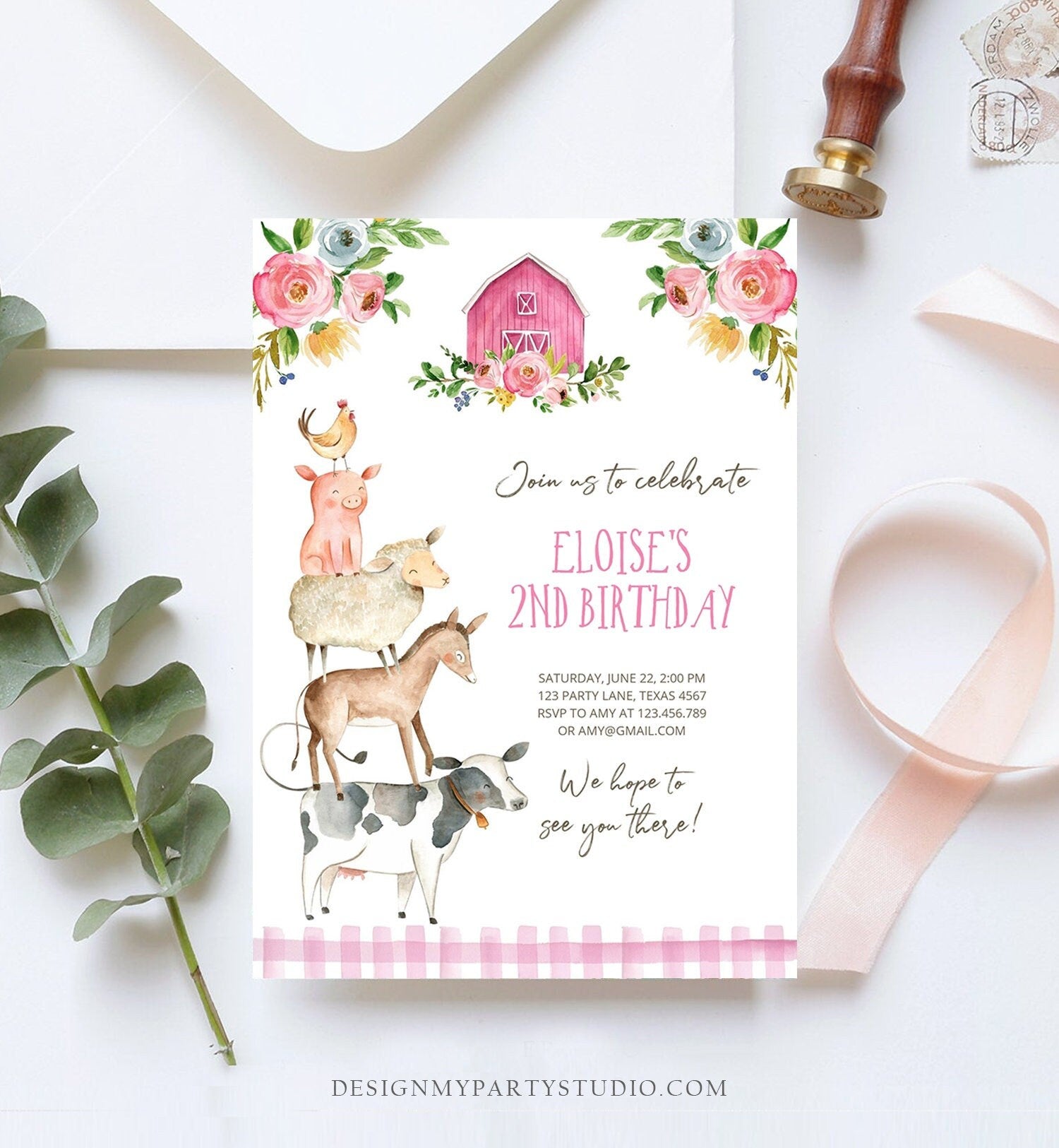 Editable Farm Animals Birthday Invitation Girl Party Animals Pink Floral Barnyard Party Digital Download Evite Template Printable 0155