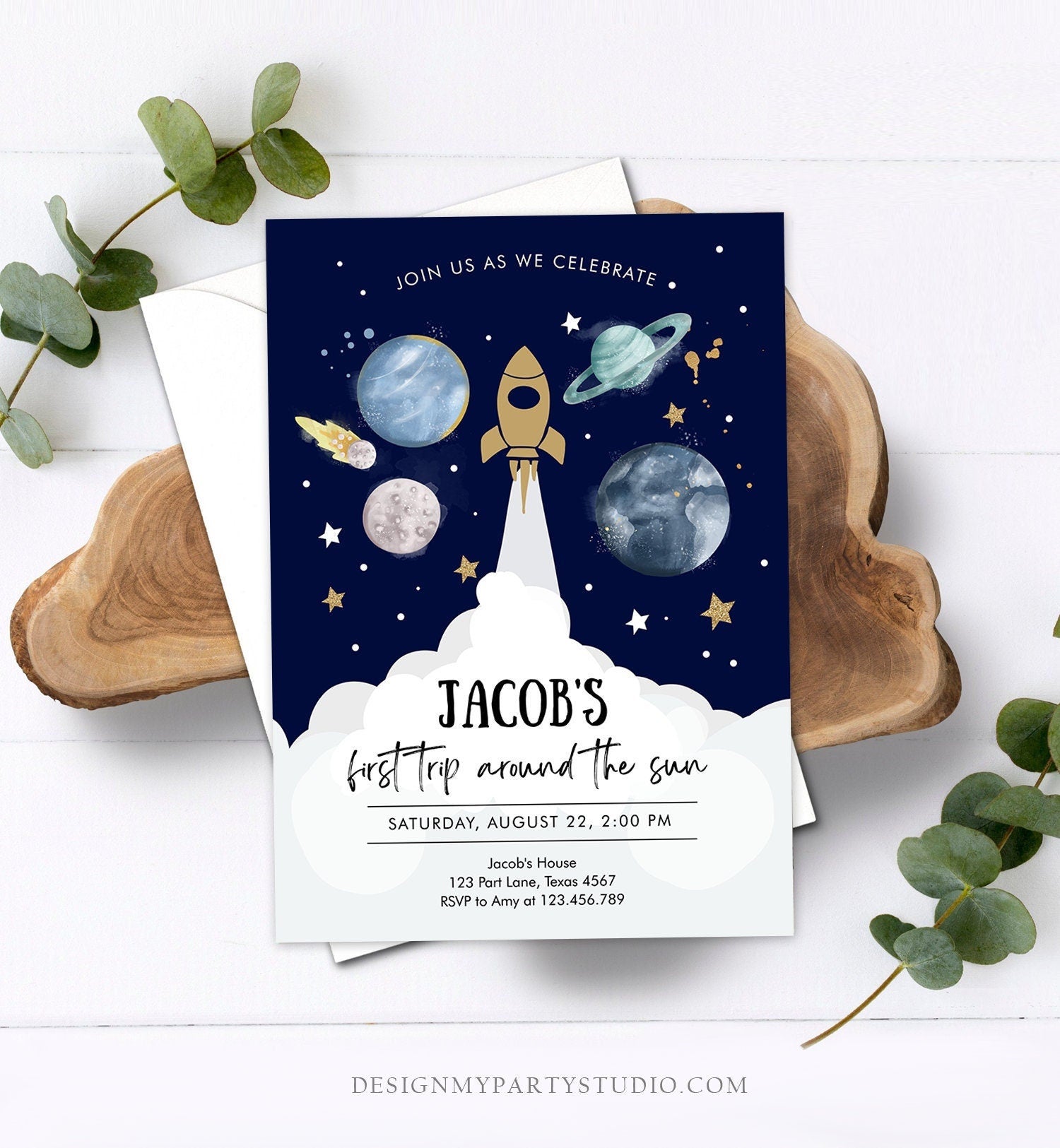 Editable Outer Space First Birthday Invitation Galaxy Blast Off First Trip Around the Sun Digital Download Evite Template Printable 0357